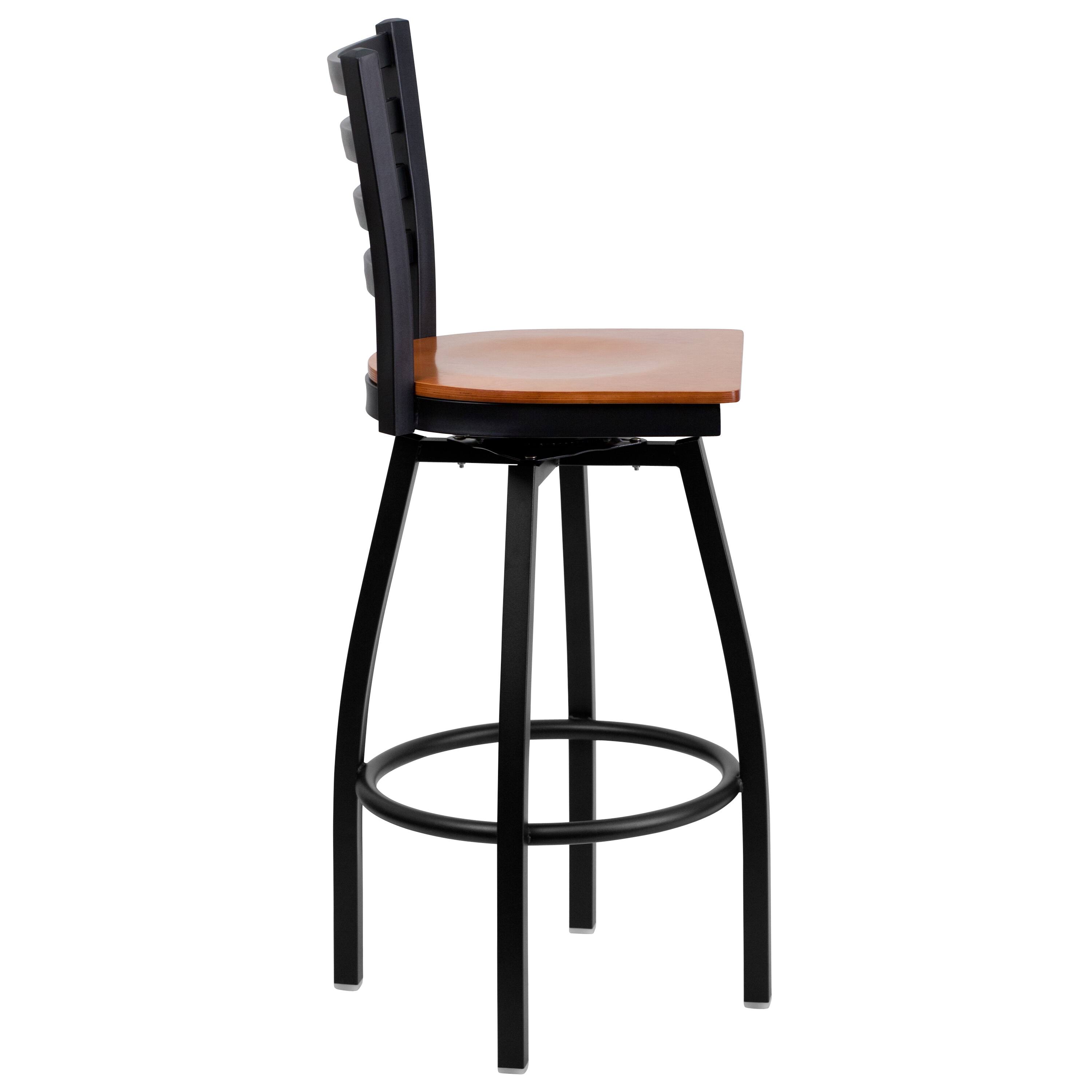 Alt View 6. Emma + Oliver - Ladder Back Swivel Metal Restaurant Dining Barstool - Cherry Wood Seat/Black Metal Frame.