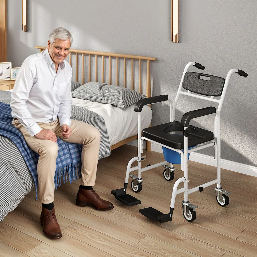 Homcom Shower Chair with Wheels in 1, Bedside Commode Wheelchair