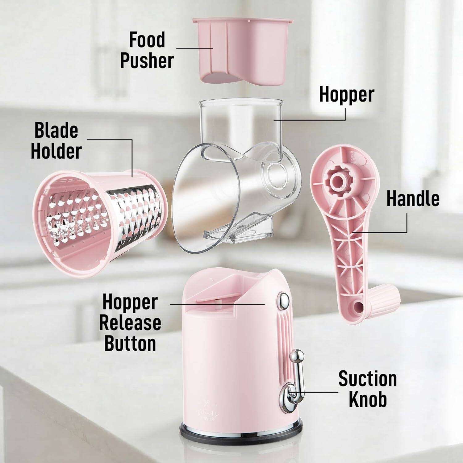 Blade Holder, Food Pusher, Hopper, Handle, Hopper Release Button, Suction Knob