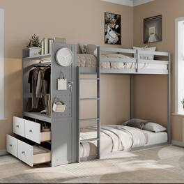 Anysun - Twin Size Bunk Bed with 4 Storage Drawers, Hanging Rail, Light Strip and Built-in Shelves & Dual Pegboards - Gray