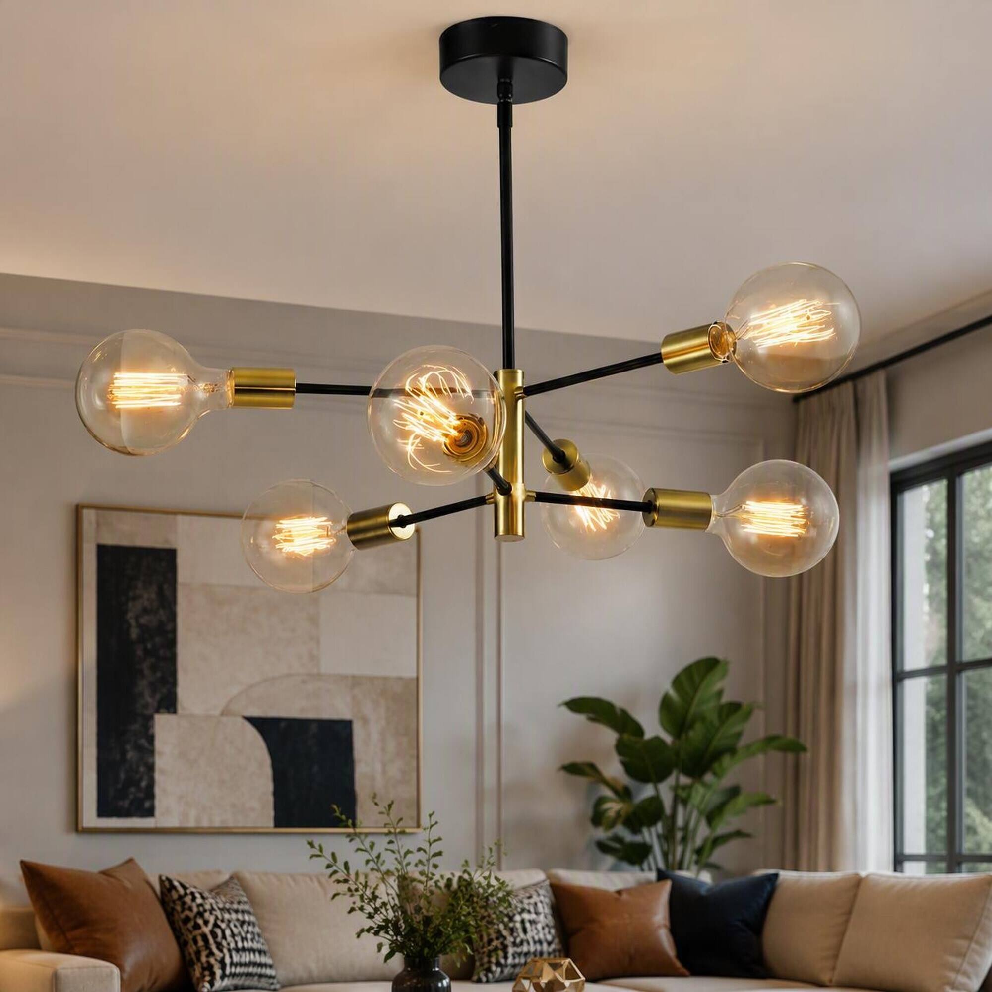 Front. RYHNUYNE - 6-Light Modern Sputnik Chandelier, Black Brass Finish Industrial Pendant Fixture Adjustable Height - Black+Gold.