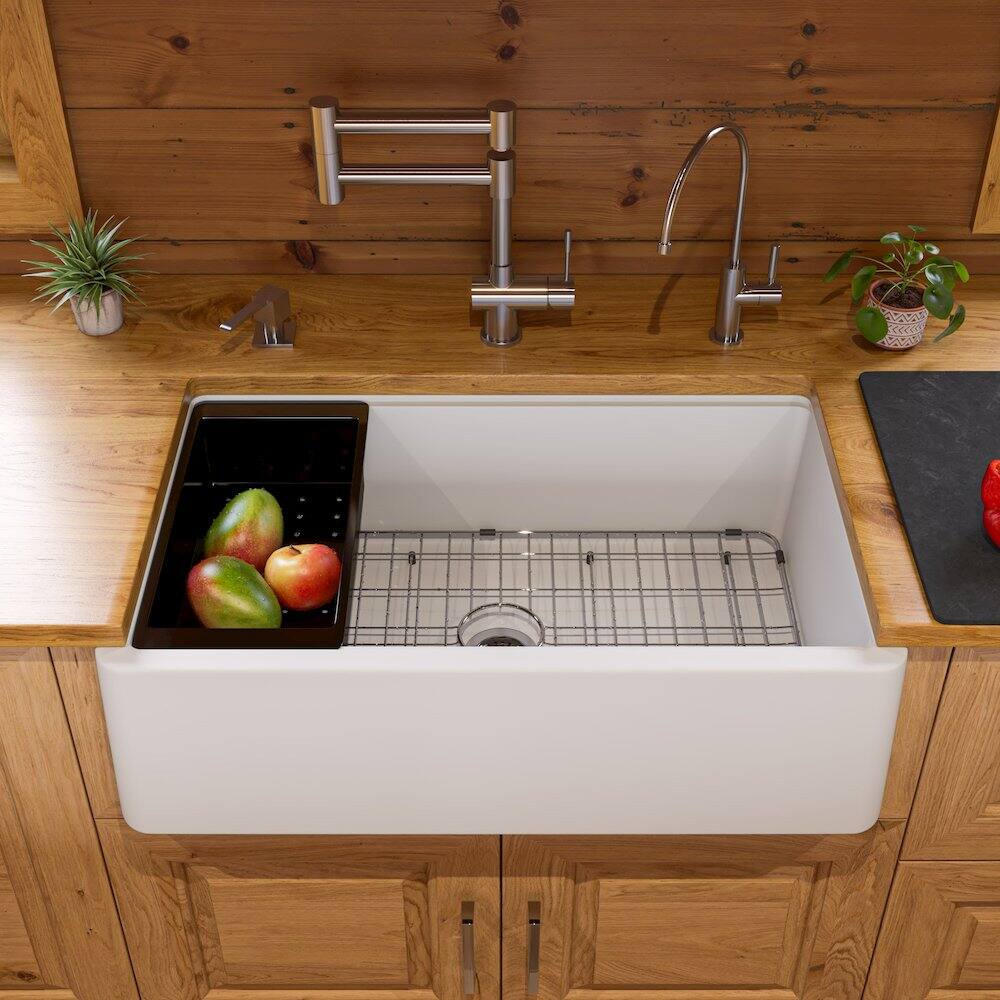 Left. Alfi - White 33" Granite Composite Single Bowl Drop In Farm Sink with Accessories - White.