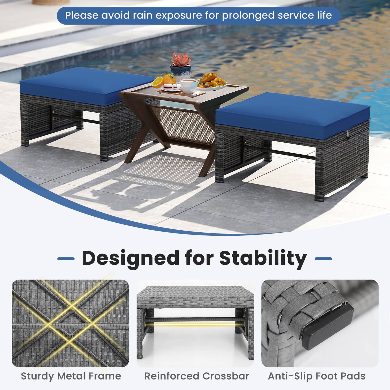 Please avoid rain exposure for prolonged service life

Designed for Stability

Sturdy Metal Frame
Reinforced Crossbar
Anti-Slip Foot Pads