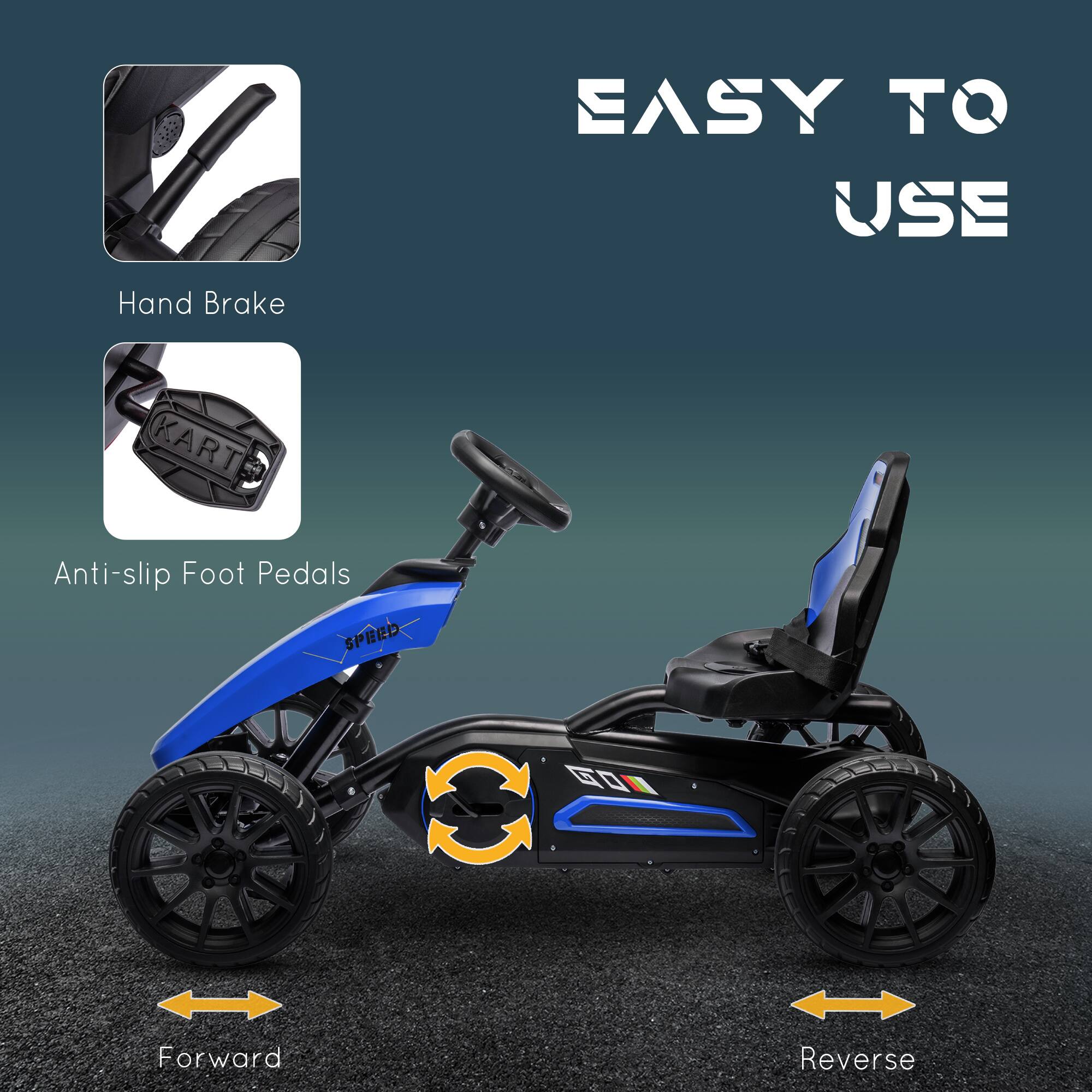 EASY TO USE

- Hand Brake
- Anti-slip Foot Pedals
- Forward
- Reverse