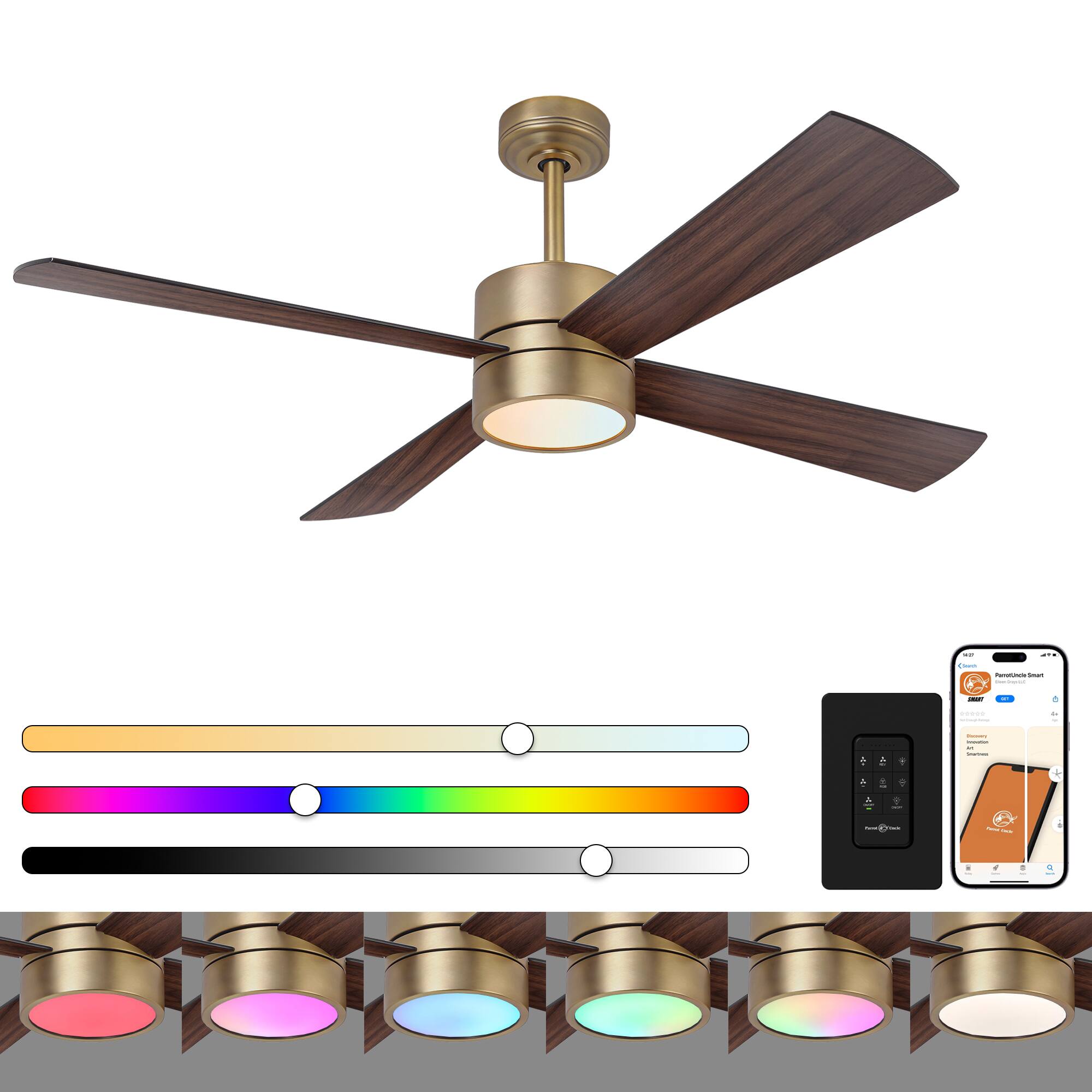 Back. Parrot Uncle - 52-Inch RGB Smart Ceiling Fan with Lights – Modern, Dimmable, Reversible DC Motor & App Control - Antique Gold.