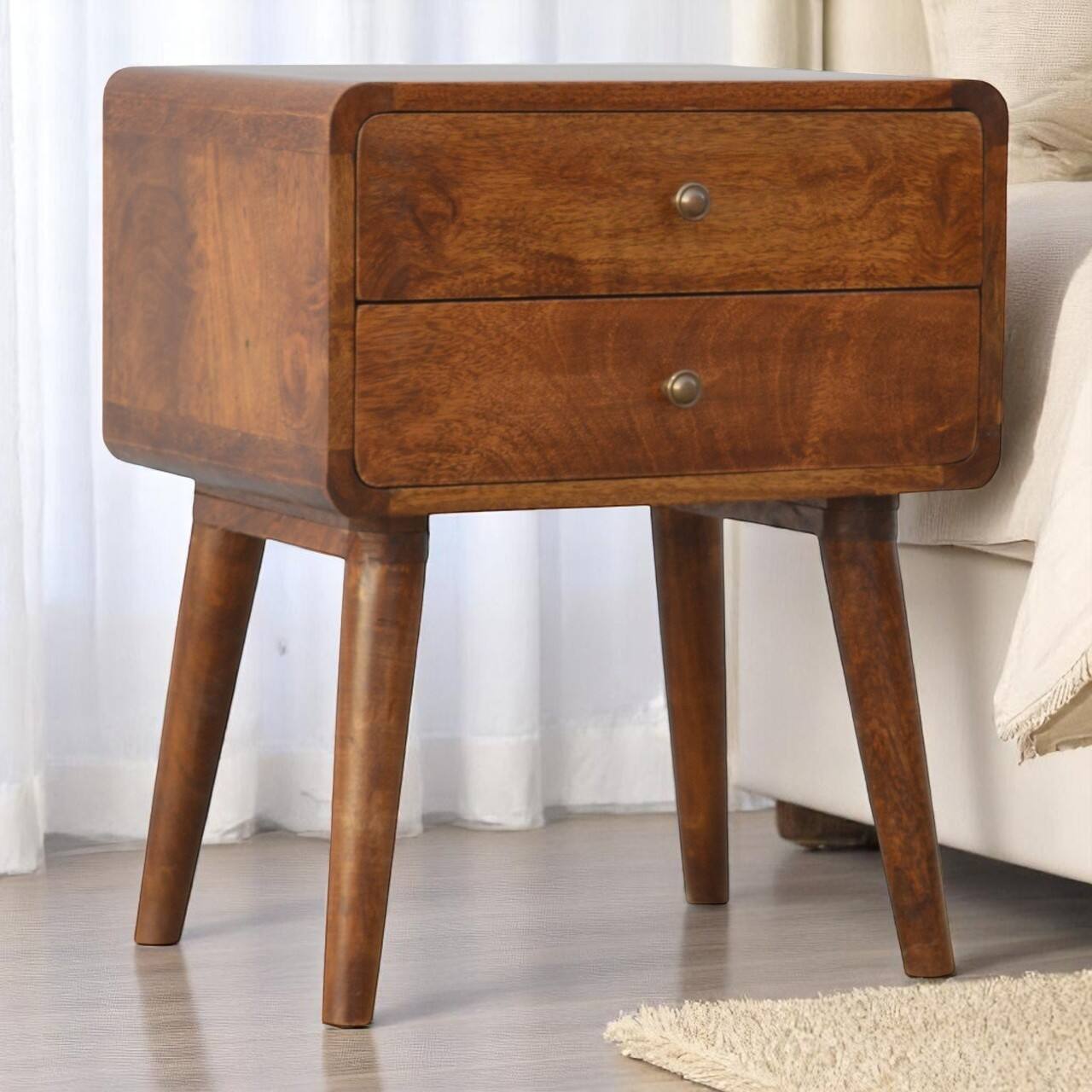 Alt View 6. Artisan Furniture - Artisan Furniture Solid Wood Curved Chestnut Nightstand, 2 Drawers, Nordic Legs - Chestnut.