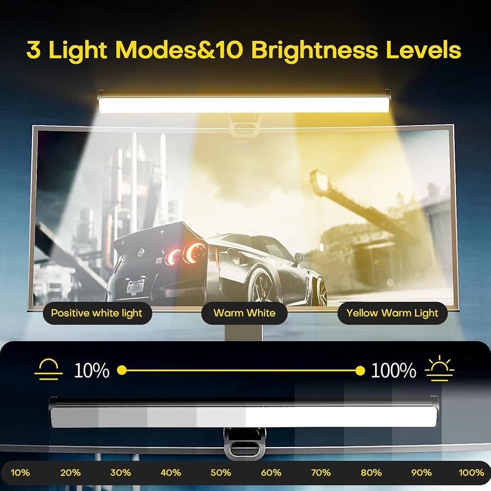 3 Light Modes & 10 Brightness Levels

Positive white light  
Warm White  
Yellow Warm Light  

10% 20% 30% 40% 50% 60% 70% 80% 90% 100%