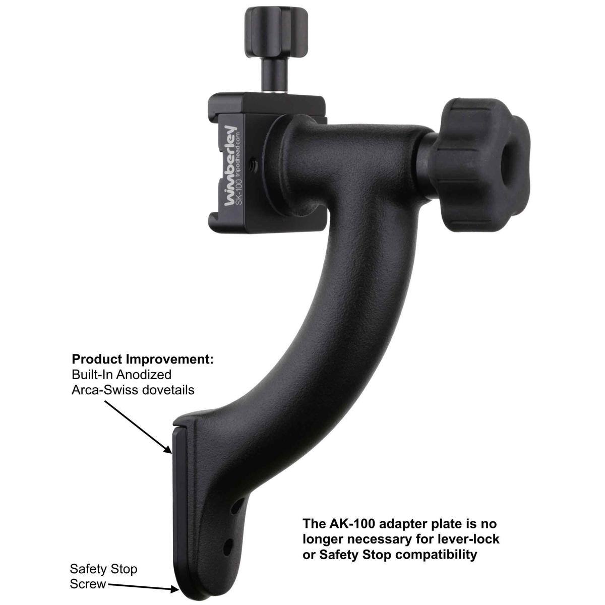 wimberleytripodhead.com SK-100

Product Improvement: Built-In Anodized Arca-Swiss dovetails

Safety Stop Screw

The AK-100 adapter plate is no longer necessary for lever-lock or Safety Stop compatibility