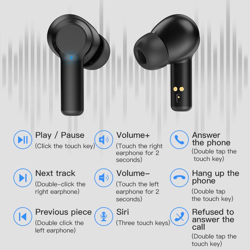 - Play / Pause (Click the touch key)
- Volume+ (Touch the right earphone for 2 seconds)
- Answer the phone (Double tap the touch key)
- Next track (Double-click the right earphone)
- Volume- (Touch the left earphone for 2 seconds)
- Previous piece (Double-click the left earphone)
- Siri (Three touch keys)
- Hang up the phone (Double tap the touch key)
- Refused to answer the call (Double tap the touch key)