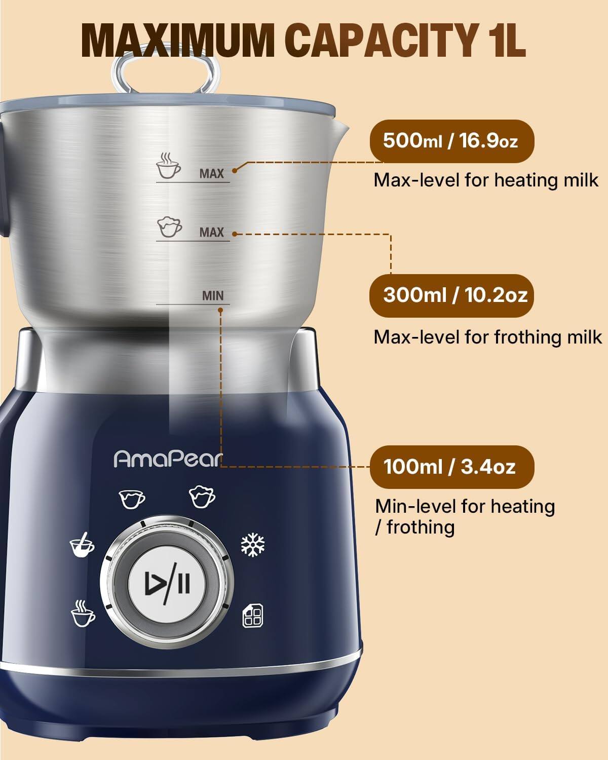 MAXIMUM CAPACITY 1L

500ml / 16.9oz
Max-level for heating milk

300ml / 10.2oz
Max-level for frothing milk

100ml / 3.4oz
Min-level for heating / frothing