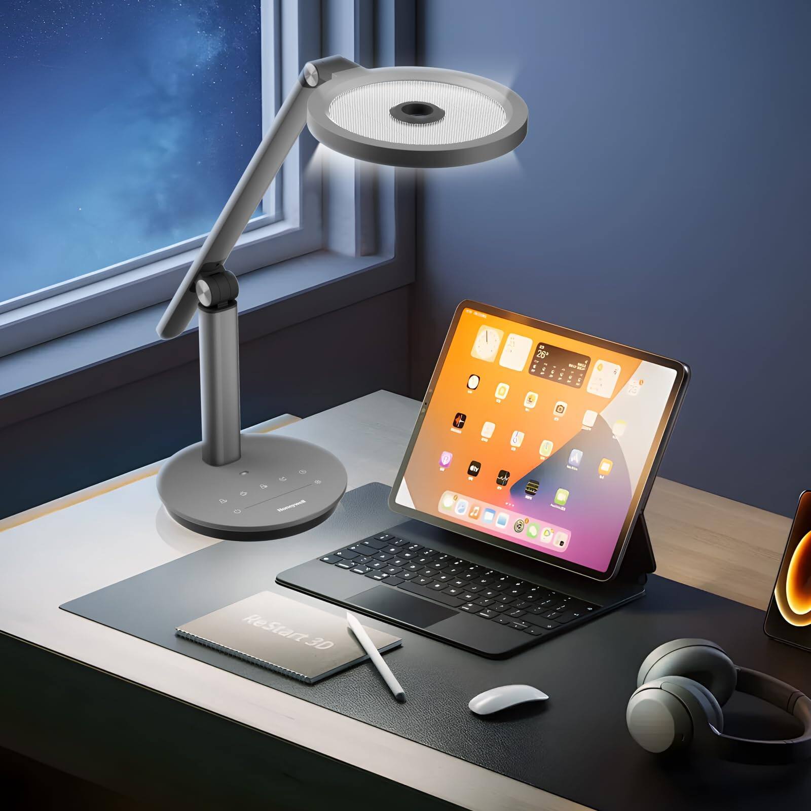 Angle. Honeywell - H6 Desk Lamp  800LM Dimmable Eye-Caring Led Desk Light Touch Control Tall Desk Reading Light with Timer - Grey.