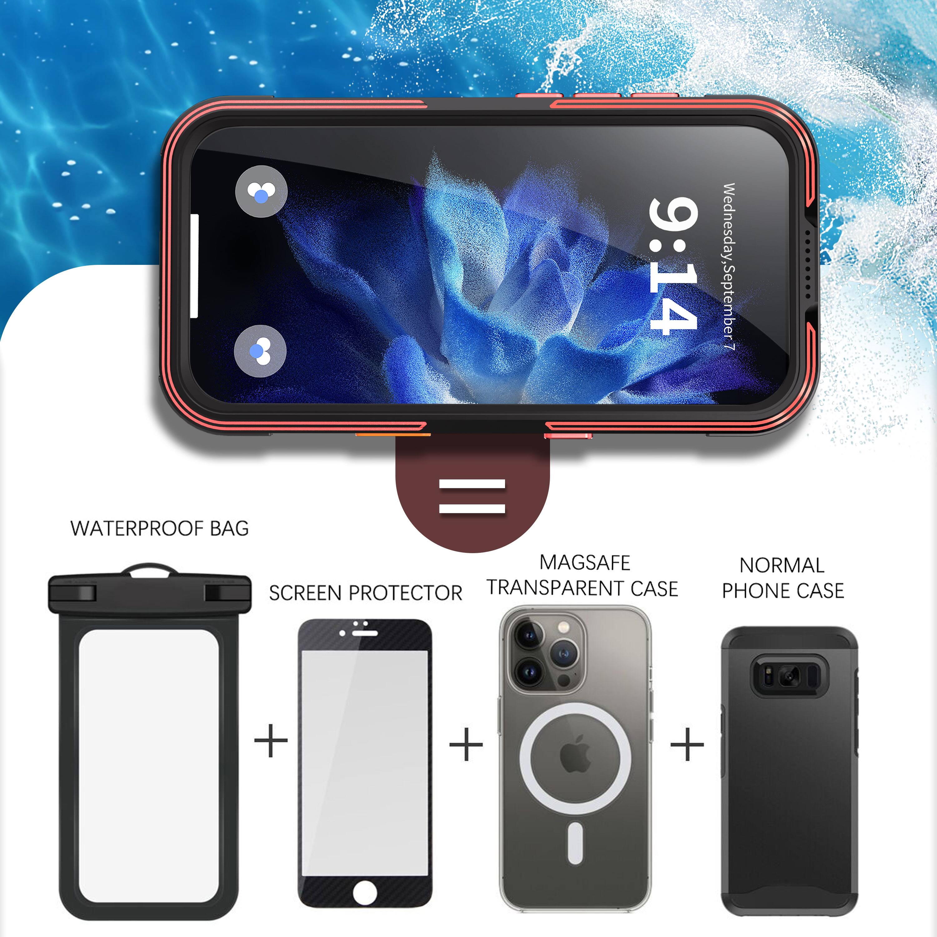 3 9:14 Wednesday, September 7  
WATERPROOF BAG = MAGSAFE SCREEN PROTECTOR TRANSPARENT CASE + NORMAL PHONE CASE