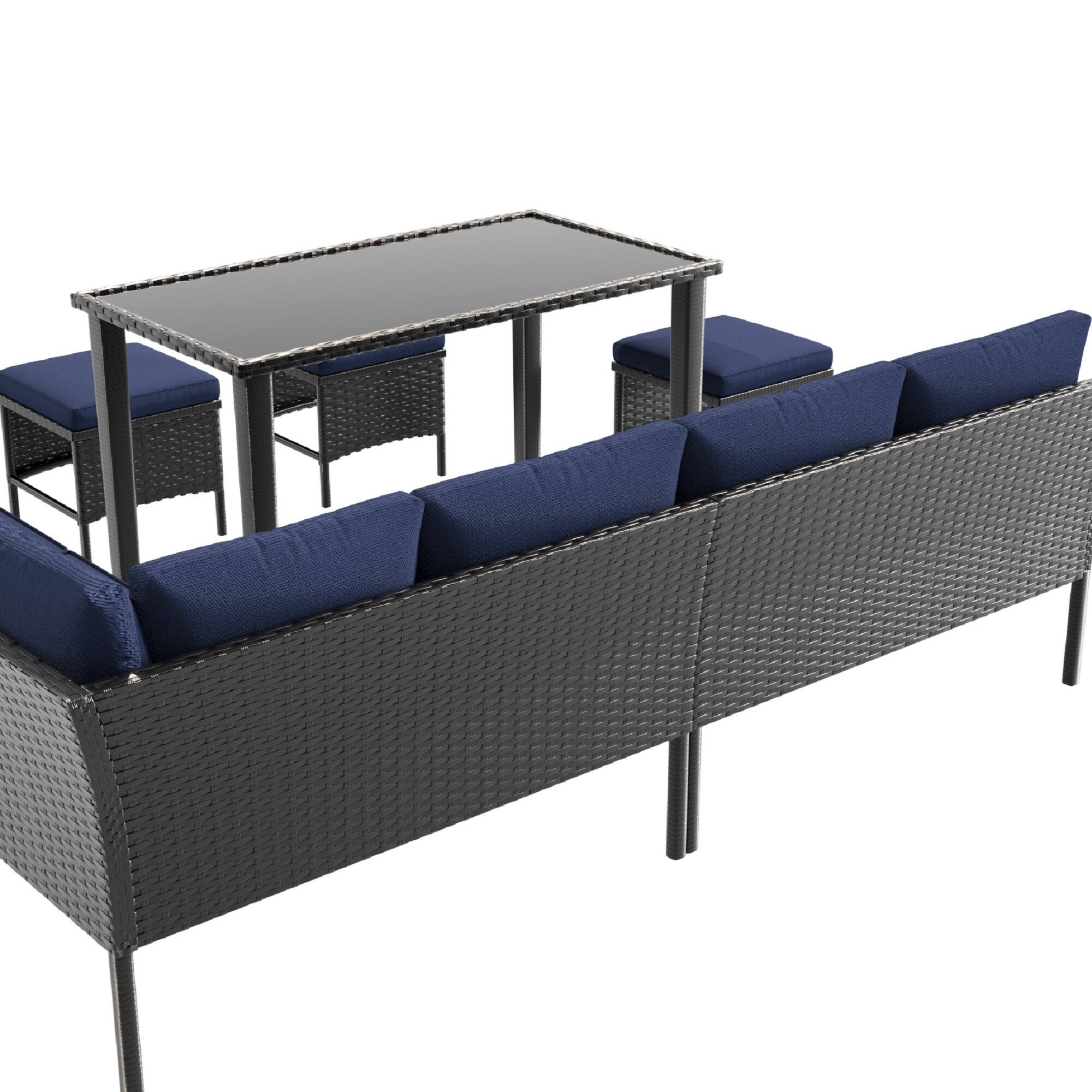 Alt View 1. Mondawe - 7-Piece Outdoor Furniture Set With Waterproof Seat Cushion, Glass Table - Blue.