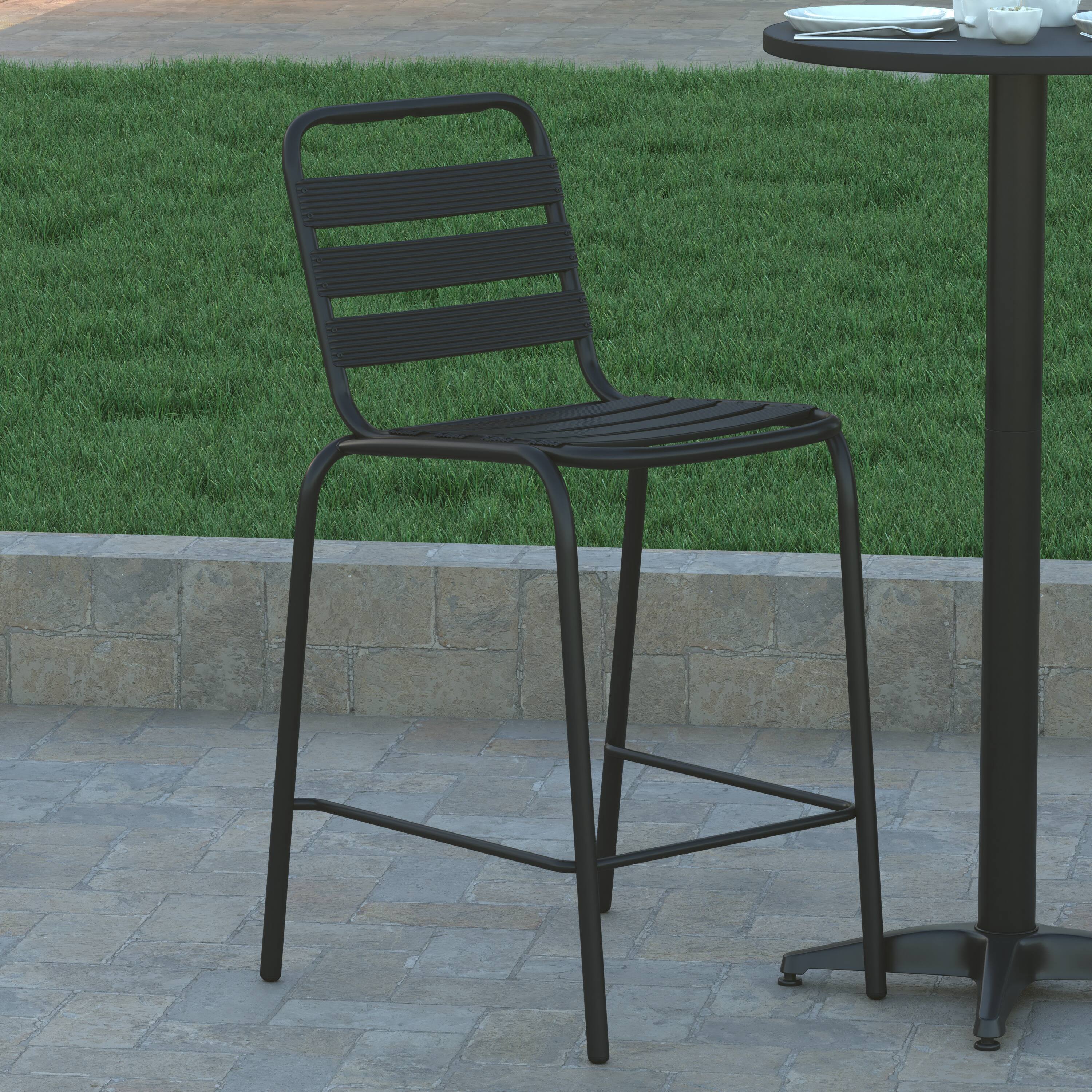 Alt View 1. Emma + Oliver - Jens Metal Dining Stool with Triple Slatted Back for Indoor and Outdoor Use - Black.