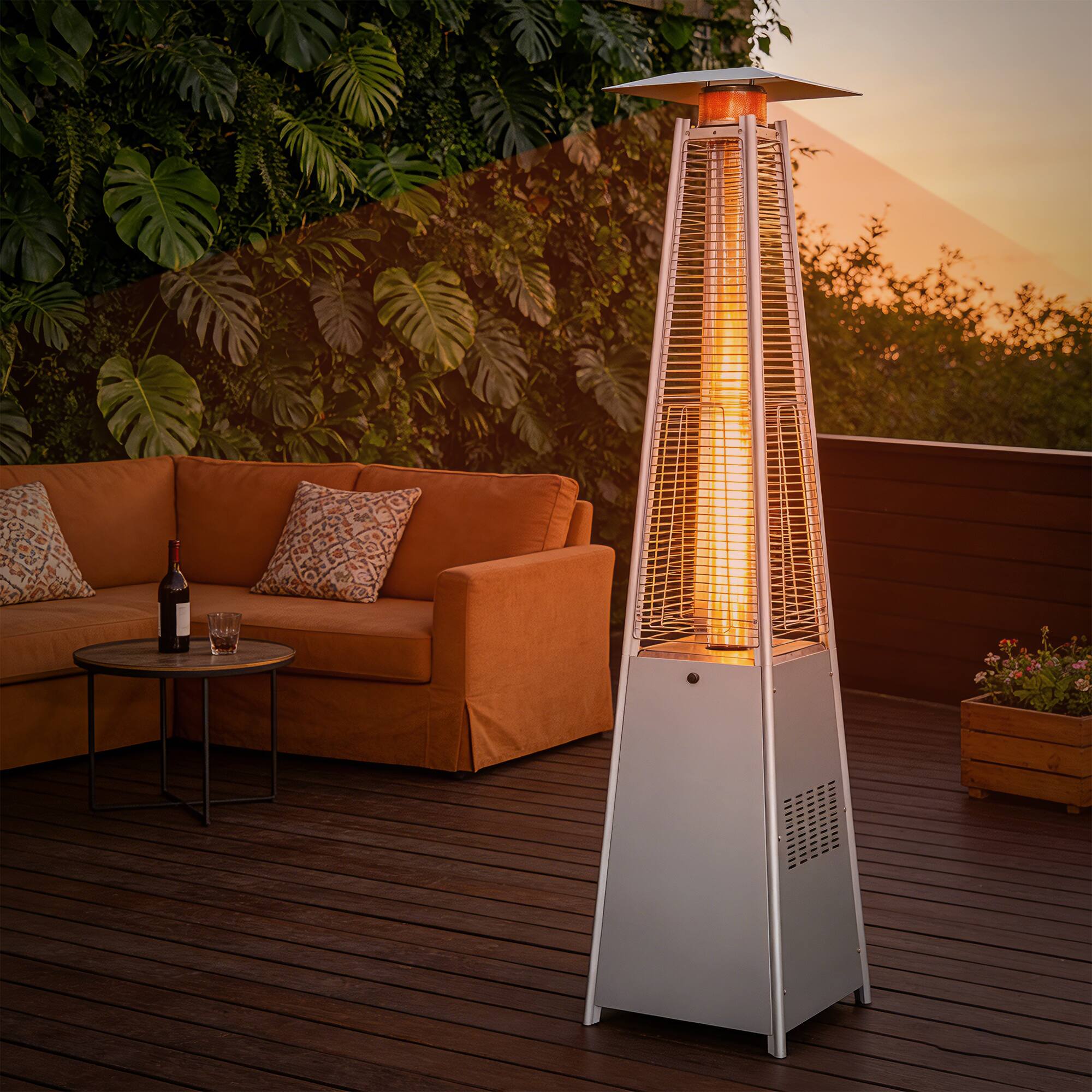 Left. Decksplore - 48,000 BTU Propane Patio Heater w/ 87" Quartz Glass, Tip-Safety, Wheels & Cover.