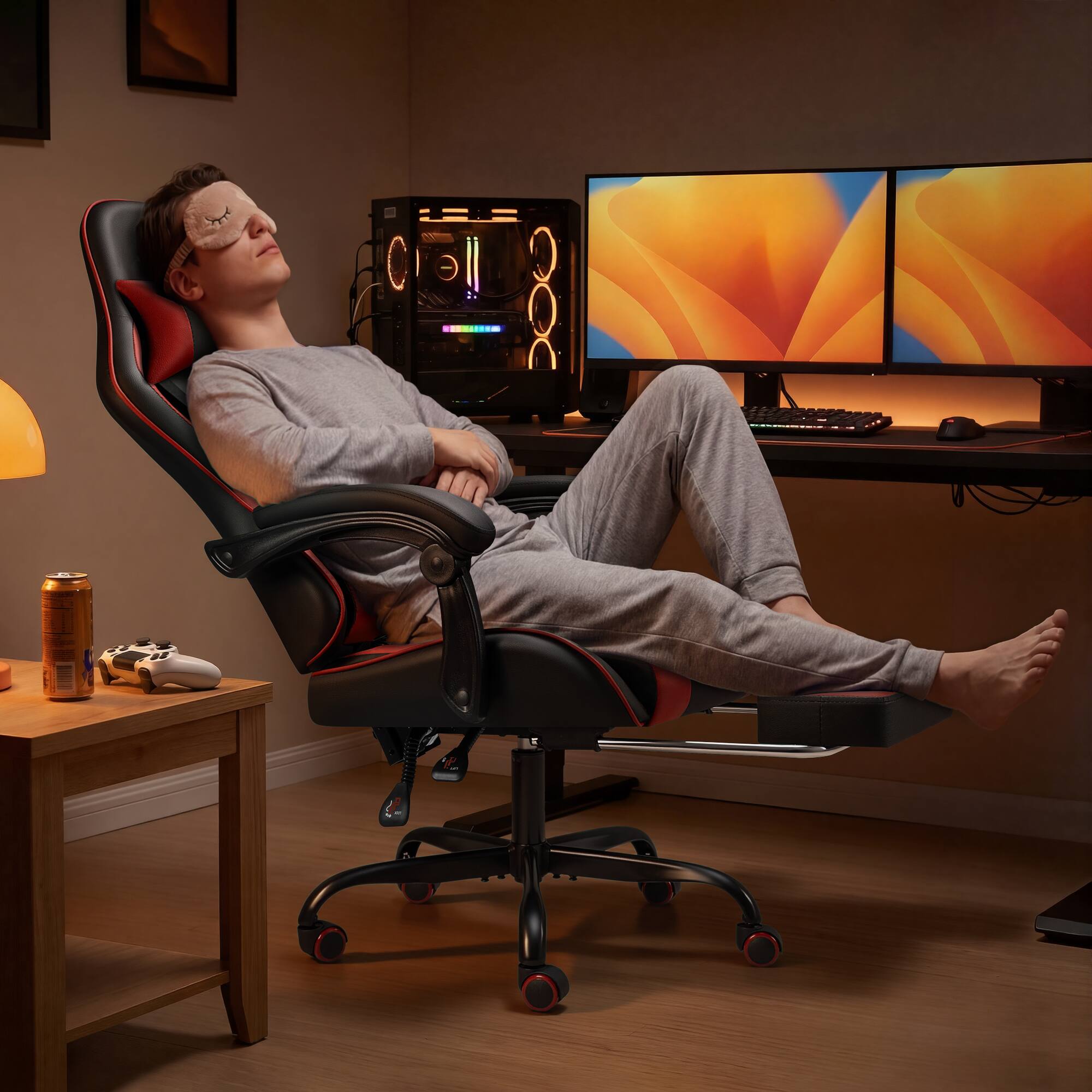 Alt View 3. Homall - Gaming Chair Massage Ergonomic Chair PU Leather Height Adjustable Racing Chair with Footrest & Lumbar Support - RED.