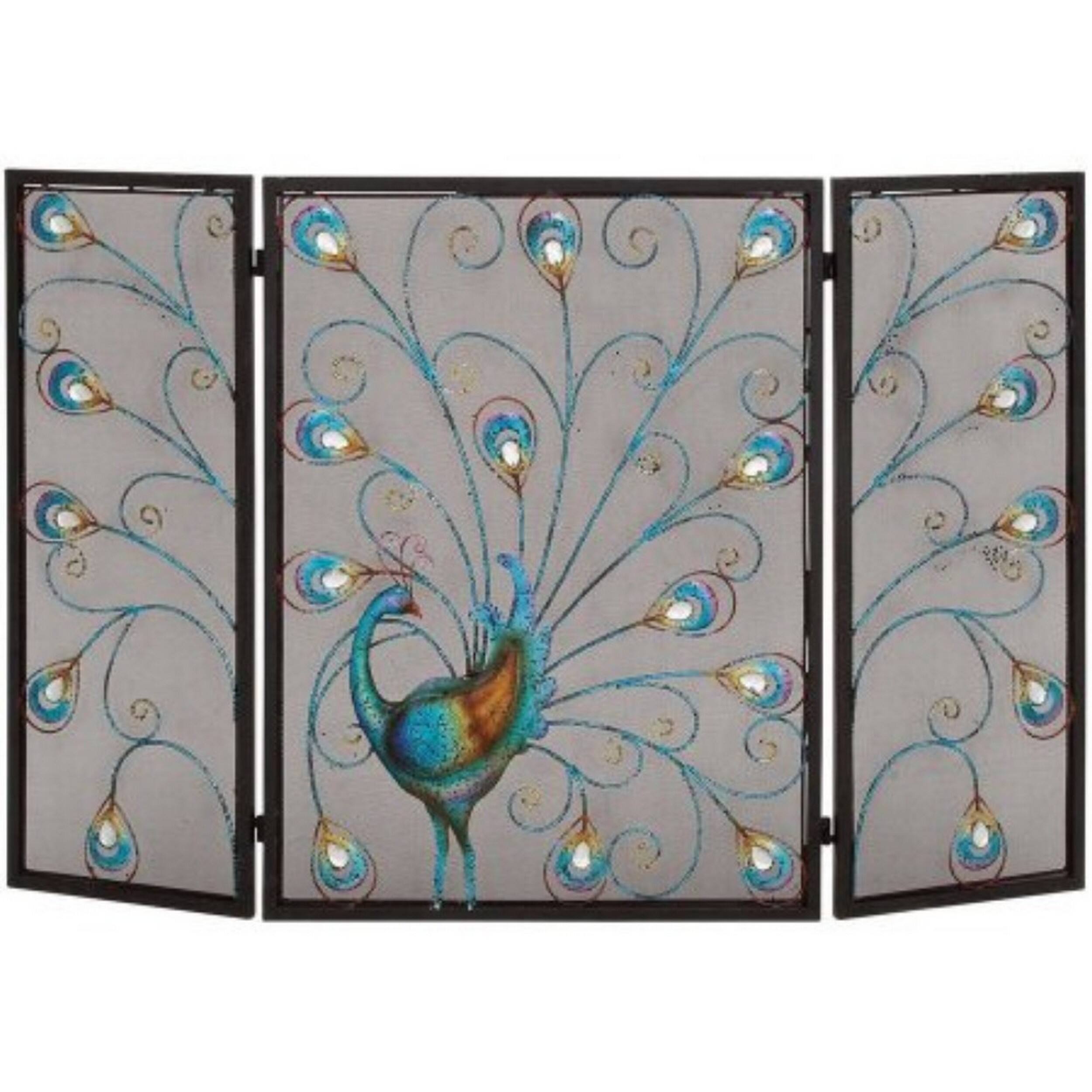 Front. Manhattan Lane - Peacock Theme Metal 3 Panel Mesh Fireplace Screen - Multicolor.