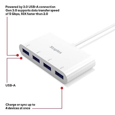 Powered by 3.0 USB-A connection  
Gen 3.0 supports data transfer speed of 5 Gbps, 10X faster than 2.0  

Charge or sync up to 4 devices at once