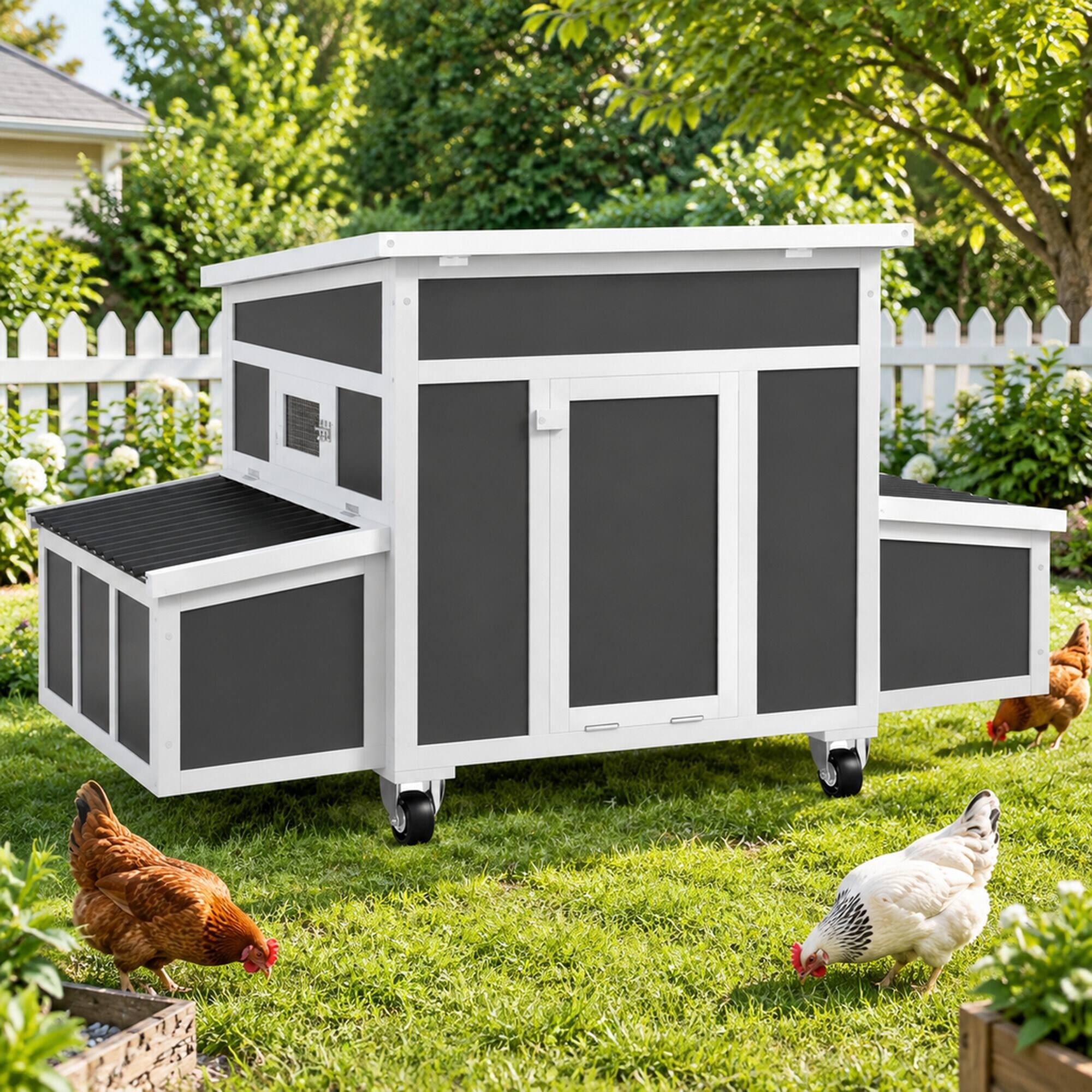 Alt View 2. RYHNUYNE - Wooden Chicken Coop, Fir Wood and Plastic Build, 7 sq ft Activity Area, Dark Gray, Weatherproof Roof, Easy Clean Tray.