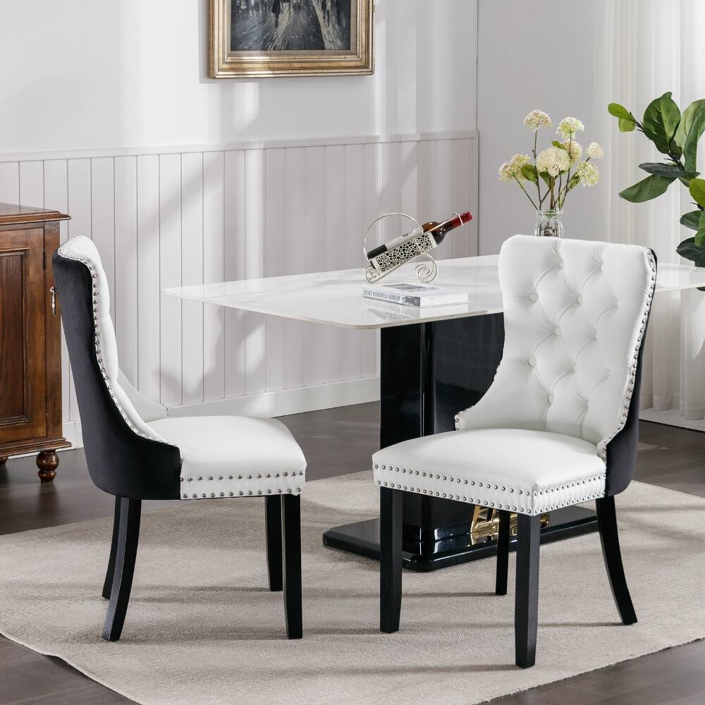 Alt View 10. Loheer - Loheer Tufted Solid Wood Dining Chairs Set of 2 Modern PU Velvet Nailhead Trim White Black - White+Black.