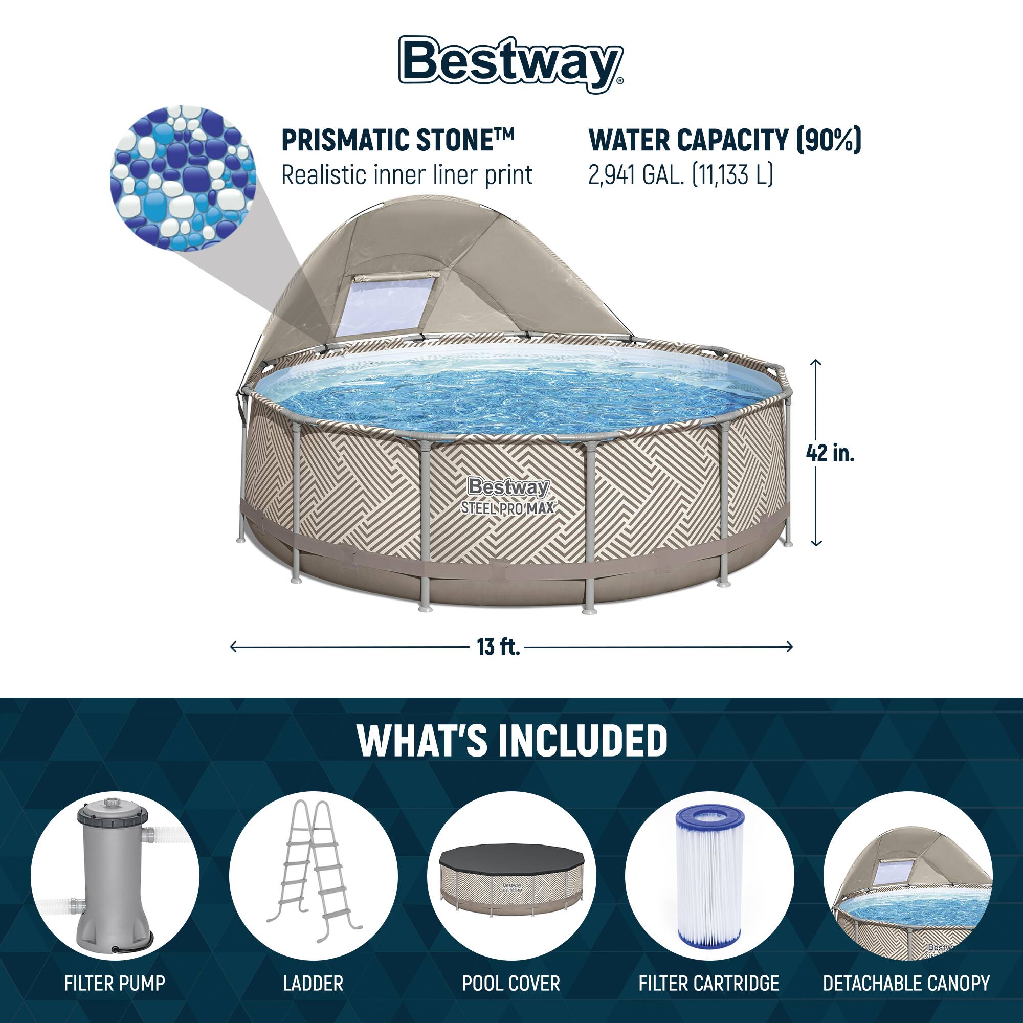 Bestway PRISMATIC STONE™  
Realistic inner liner print

WATER CAPACITY (90%)  
2,941 GAL. (11,133 L)

42 in.  
13 ft.

WHAT'S INCLUDED  
FILTER PUMP  
LADDER  
POOL COVER  
FILTER CARTRIDGE  
DETACHABLE CANOPY