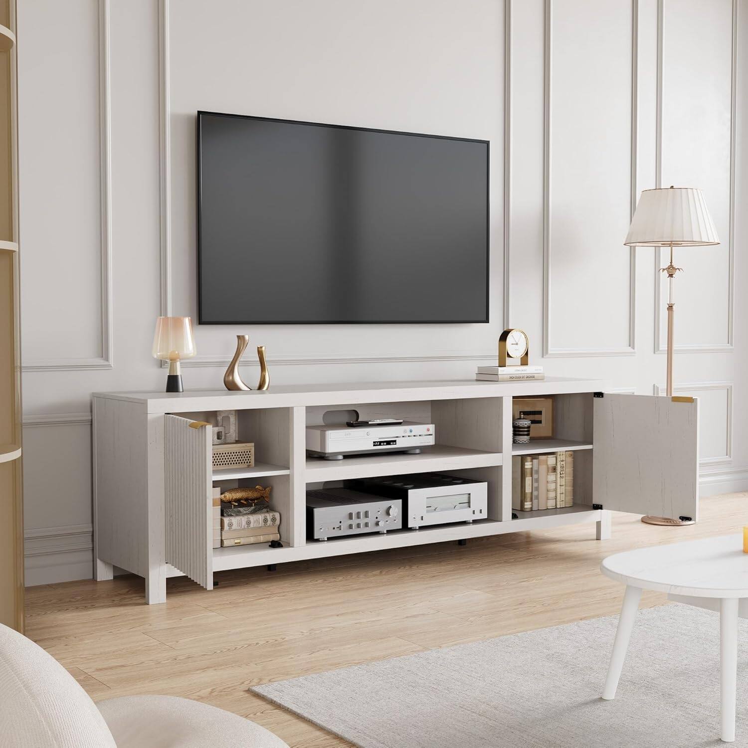 Alt View 1. GARVEE - Fluted TV Stand for 80 Inch TV, Modern Entertainment Center with Storage - White.