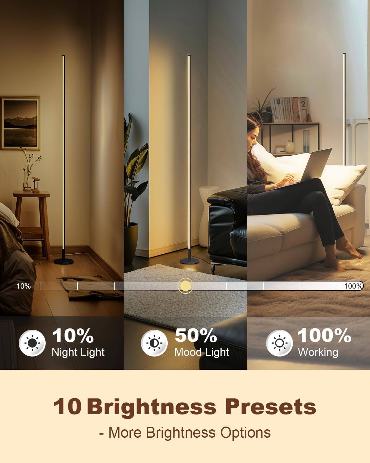 10% Night Light  
50% Mood Light  
100% Working  

10 Brightness Presets  
- More Brightness Options