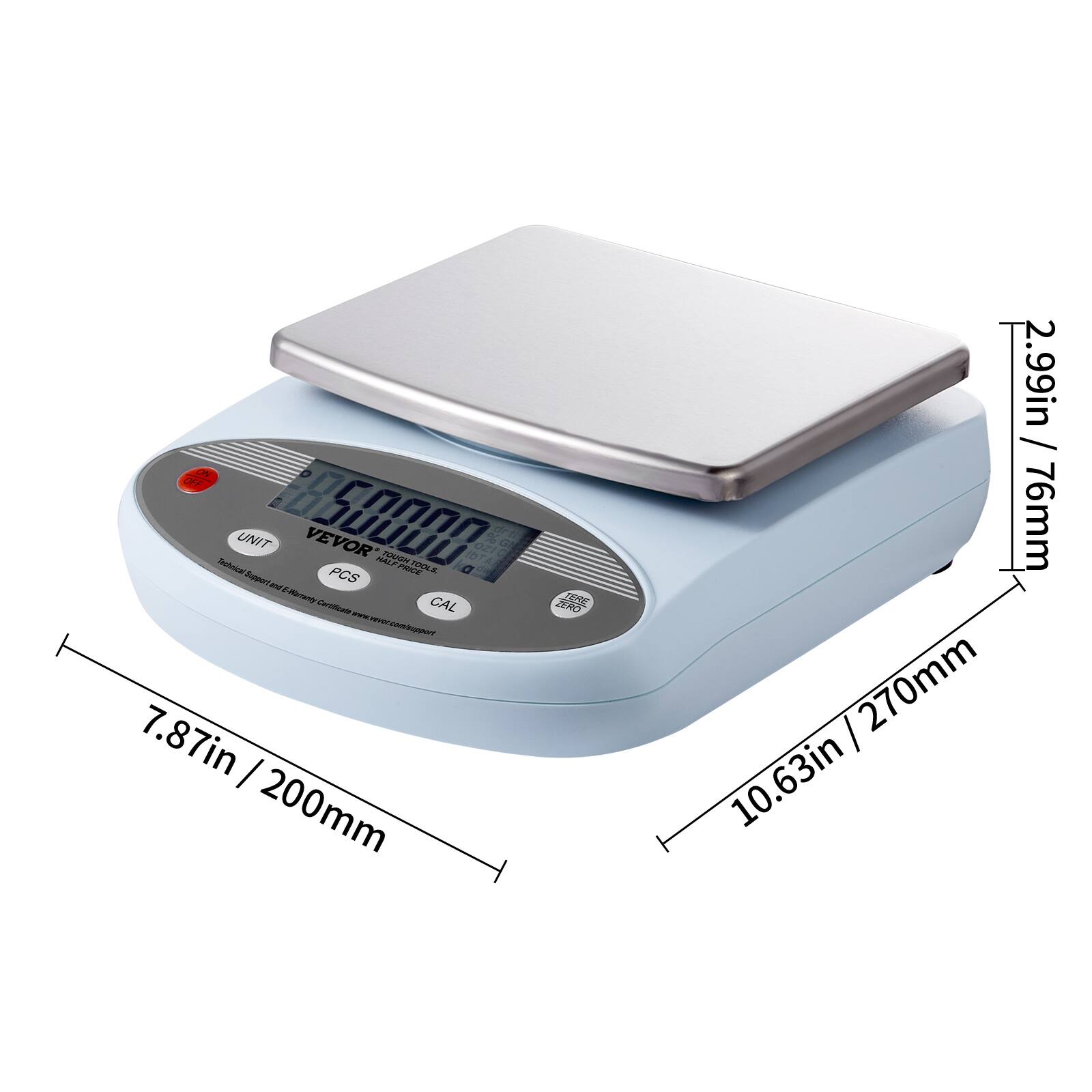 Sure, here is the corrected and grouped text from the image:

- **Weight Display:** 0.0000g
- **Unit:** VEVOR
- **Model:** POS
- **Calibration:** CAL
- **Dimensions:**
  - 7.87in / 200mm
  - 10.63in / 270mm
  - 2.99in / 76mm
  - 2.99in / 76mm
- **Weight of the Scale:** 2.99in / 76mm
- **Website:** www.vevor.com
- **Note:** "Hospital grade, high-precision, high-accuracy, high-quality"