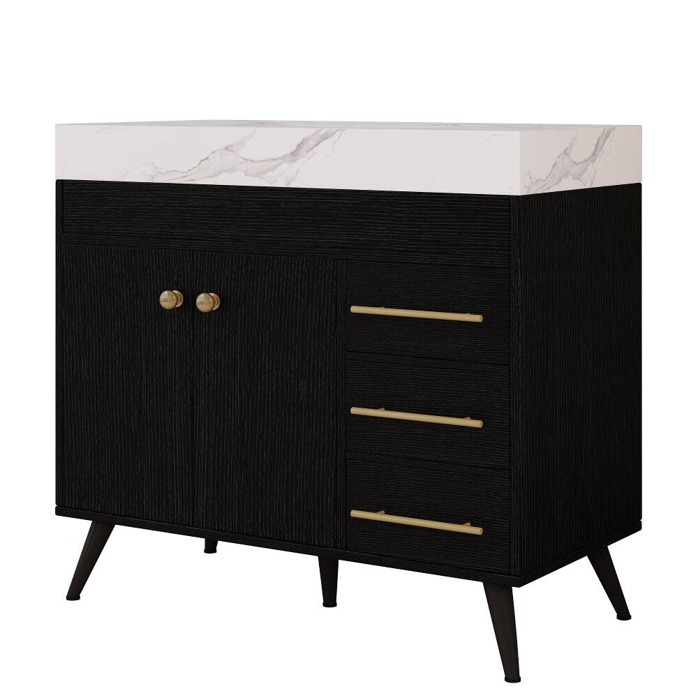 Alt View 4. Loheer - Loheer 36 inch freestanding bathroom vanity with integrated ceramic sink and faux marble top - Black, White.
