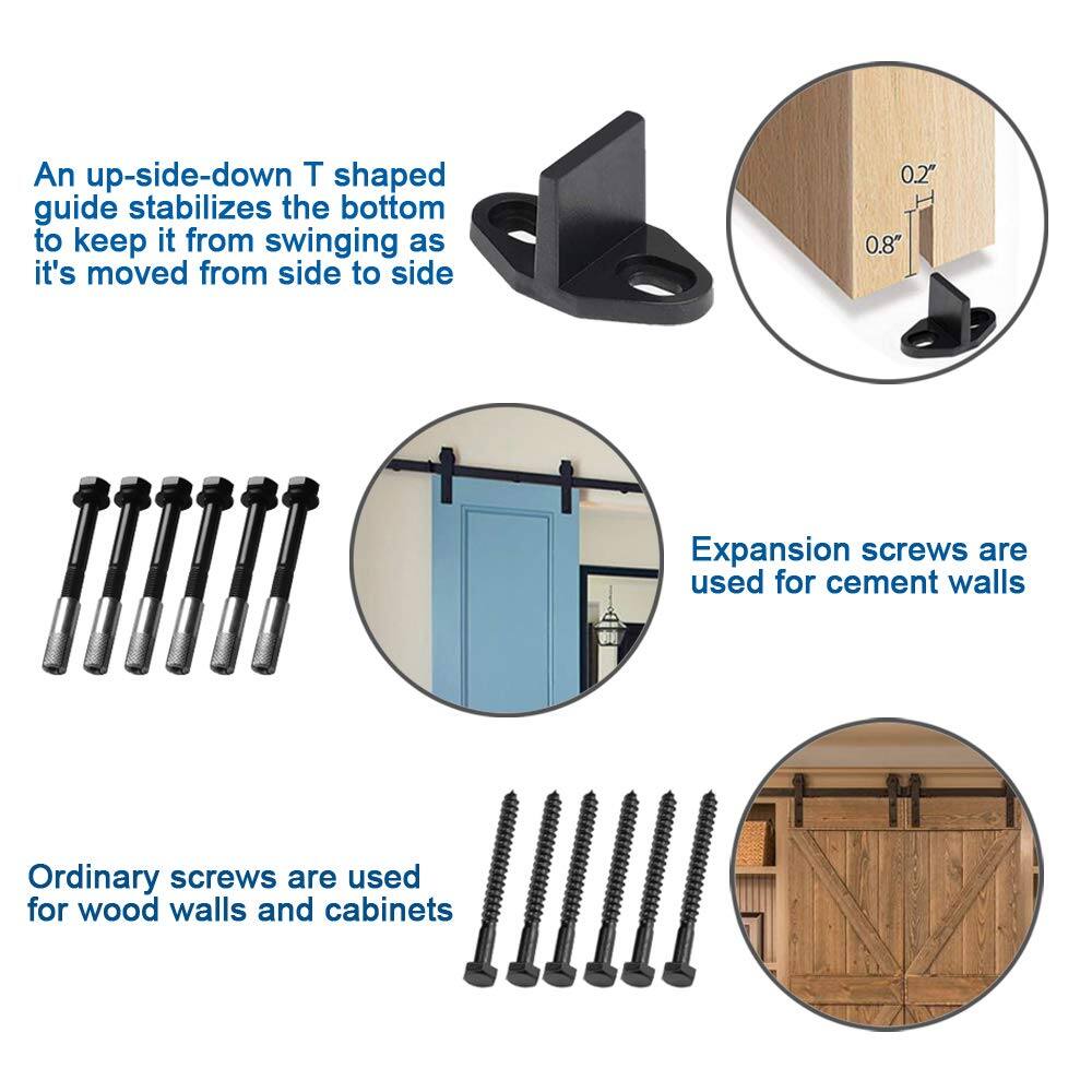An up-side-down T shaped guide stabilizes the bottom to keep it from swinging as it's moved from side to side

Expansion screws are used for cement walls

Ordinary screws are used for wood walls and cabinets