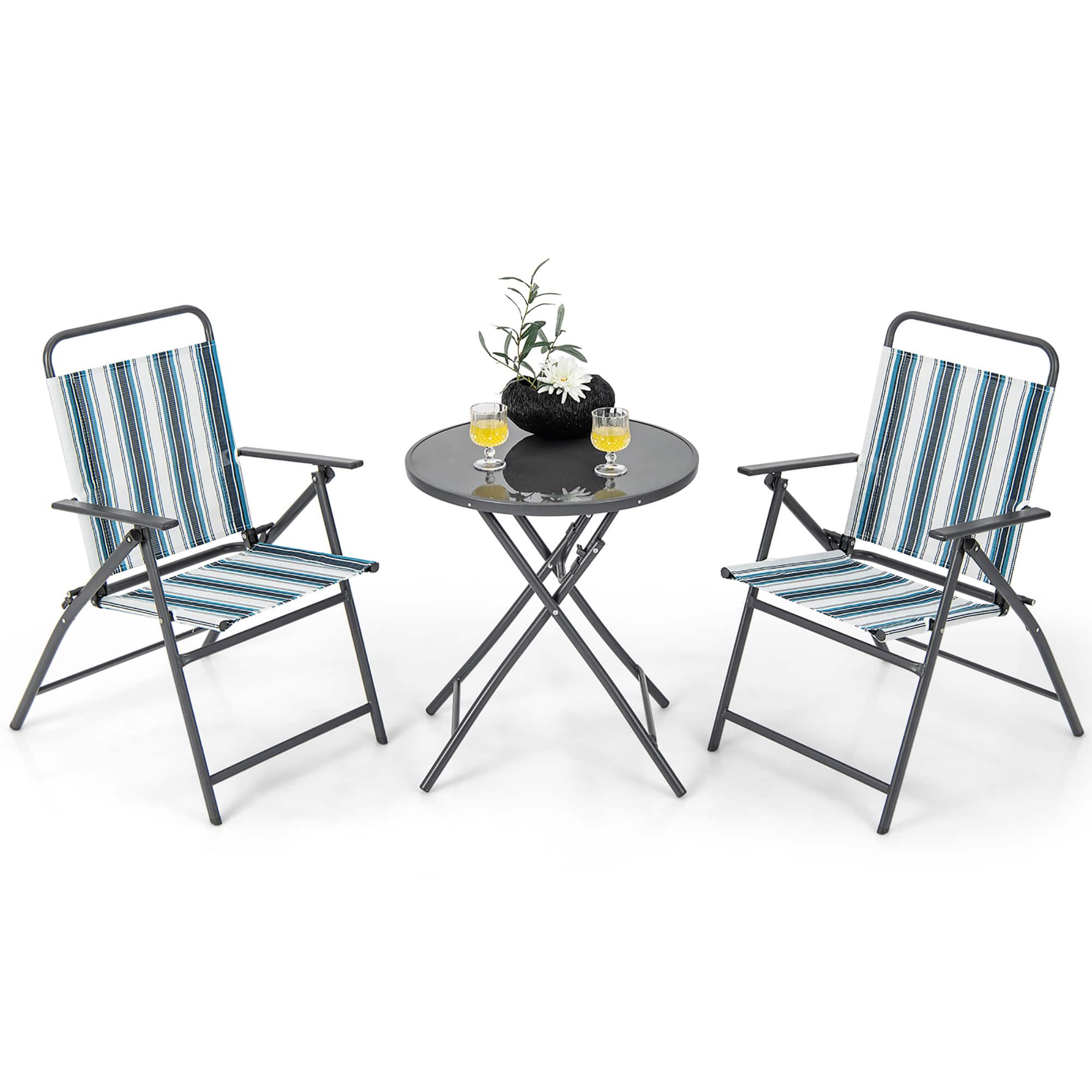 Gymax - 3 Pieces Patio Folding Chair Set w/ 2 Chairs & Glass Round Coffee Table Porch Deck Backyard - Black, Blue, White