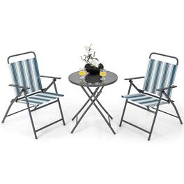 Gymax - 3 Pieces Patio Folding Chair Set w/ 2 Chairs & Glass Round Coffee Table Porch Deck Backyard - Black, Blue, White