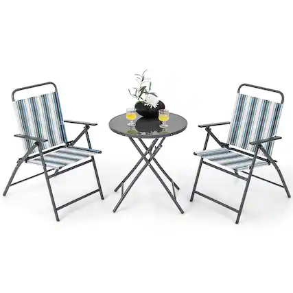 Front. Gymax - Gymax 3 Pieces Patio Folding Chair Set w/ 2 Chairs & Glass Round Coffee Table Porch Deck Backyard - Black, Blue, White.
