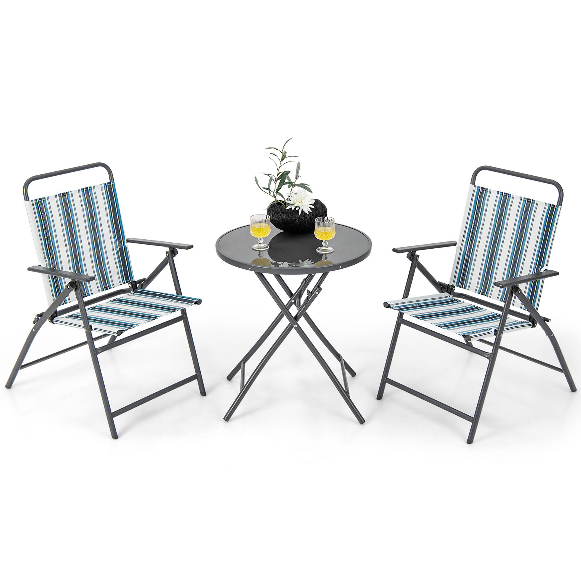 Front. Gymax - Gymax 3 Pieces Patio Folding Chair Set w/ 2 Chairs & Glass Round Coffee Table Porch Deck Backyard - Black, Blue, White.