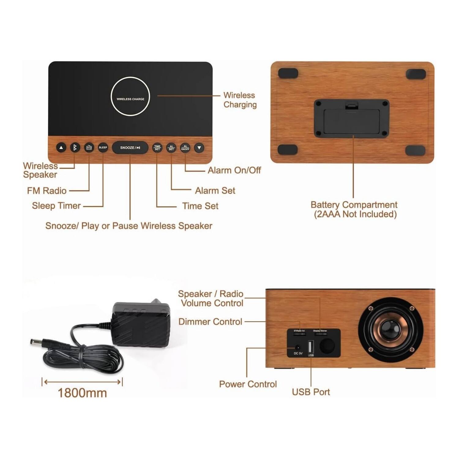 WIRELESS CHARGE Wireless Charging 1 i 15002E - T E Wireless Alarm On/Off Speaker FM Radio Alarm Set Sleep Timer Time Set Snooze/ Play or Pause Wireless Speaker Battery Compartment (2AAA Not Included) Speaker I Radio Volume Control Dimmer Control - - 1800mm Power Control USB Port
