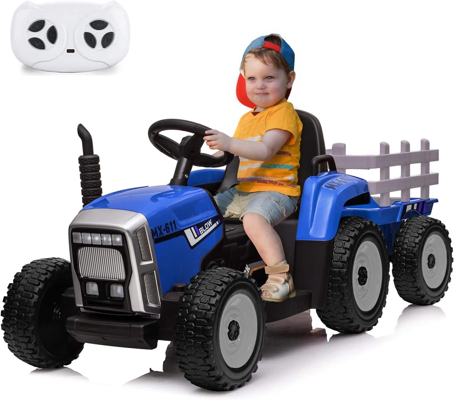 Homhougo - 12V Kids Ride On Tractor with Trailer & Remote Control, LED Headlights, Music