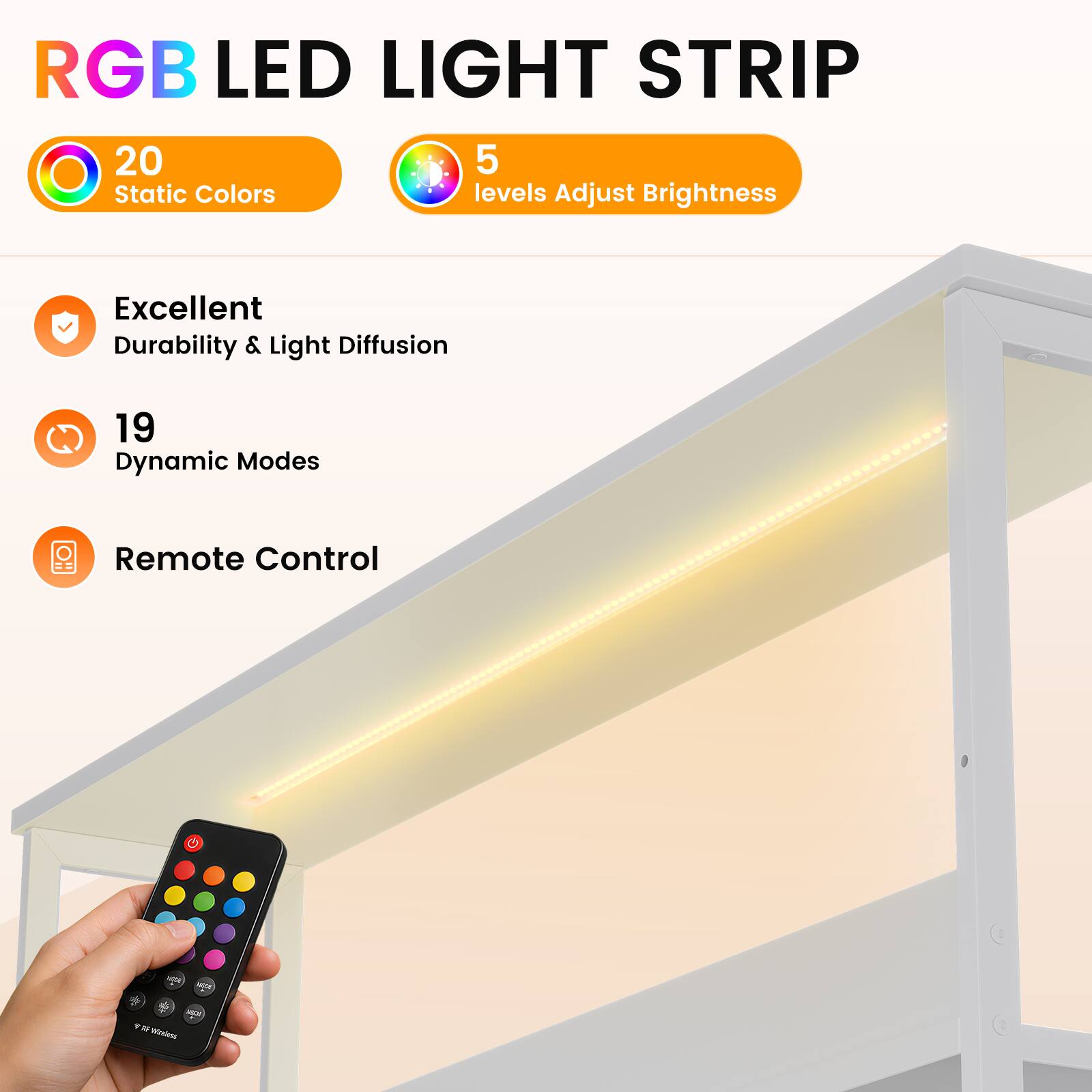 RGB LED LIGHT STRIP

20 Static Colors
5 levels Adjust Brightness
Excellent Durability & Light Diffusion
19 Dynamic Modes
Remote Control

REDGE
100% Y 16 Whesless