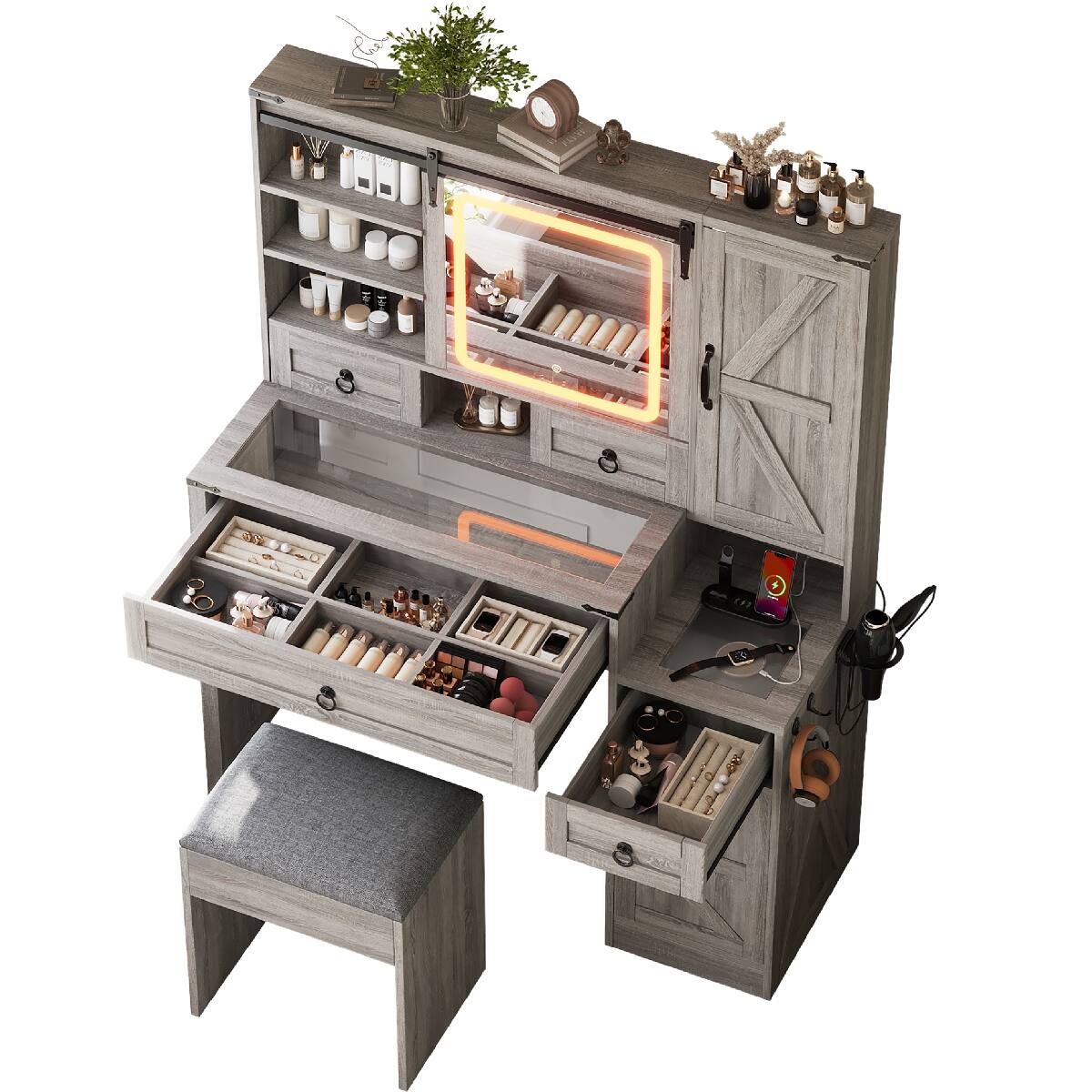 Alt View 1. Loheer - Loheer Farmhouse Vanity Desk with LED Mirror, Gray Vanity Set with Stool - Gray.