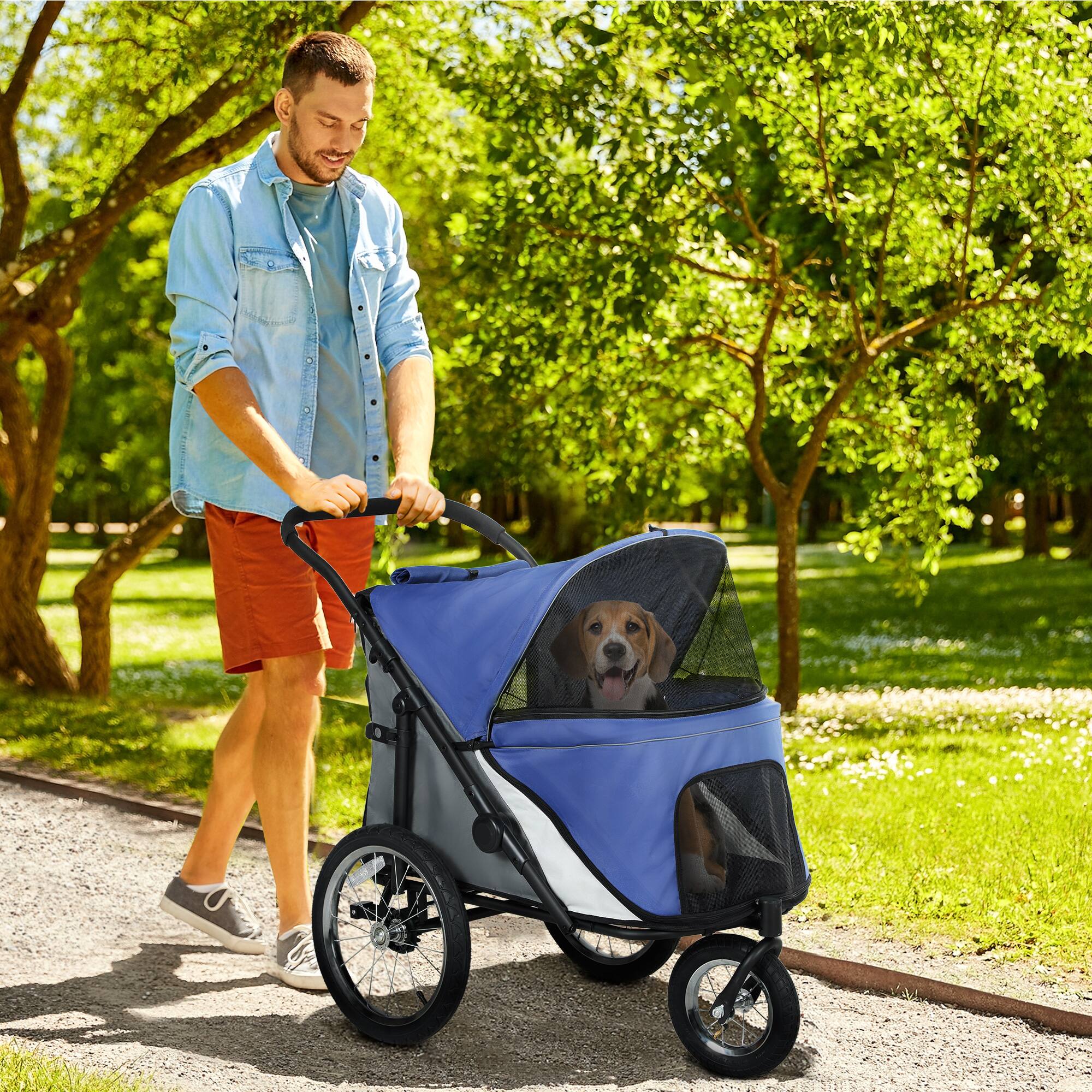 Angle. Pawhut - Dog Stroller, Pet Stroller 3 Wheels with Easy One-Hand Fold, Rubber Wheels, Storage Bag, Soft Cushion, Safety Leash.