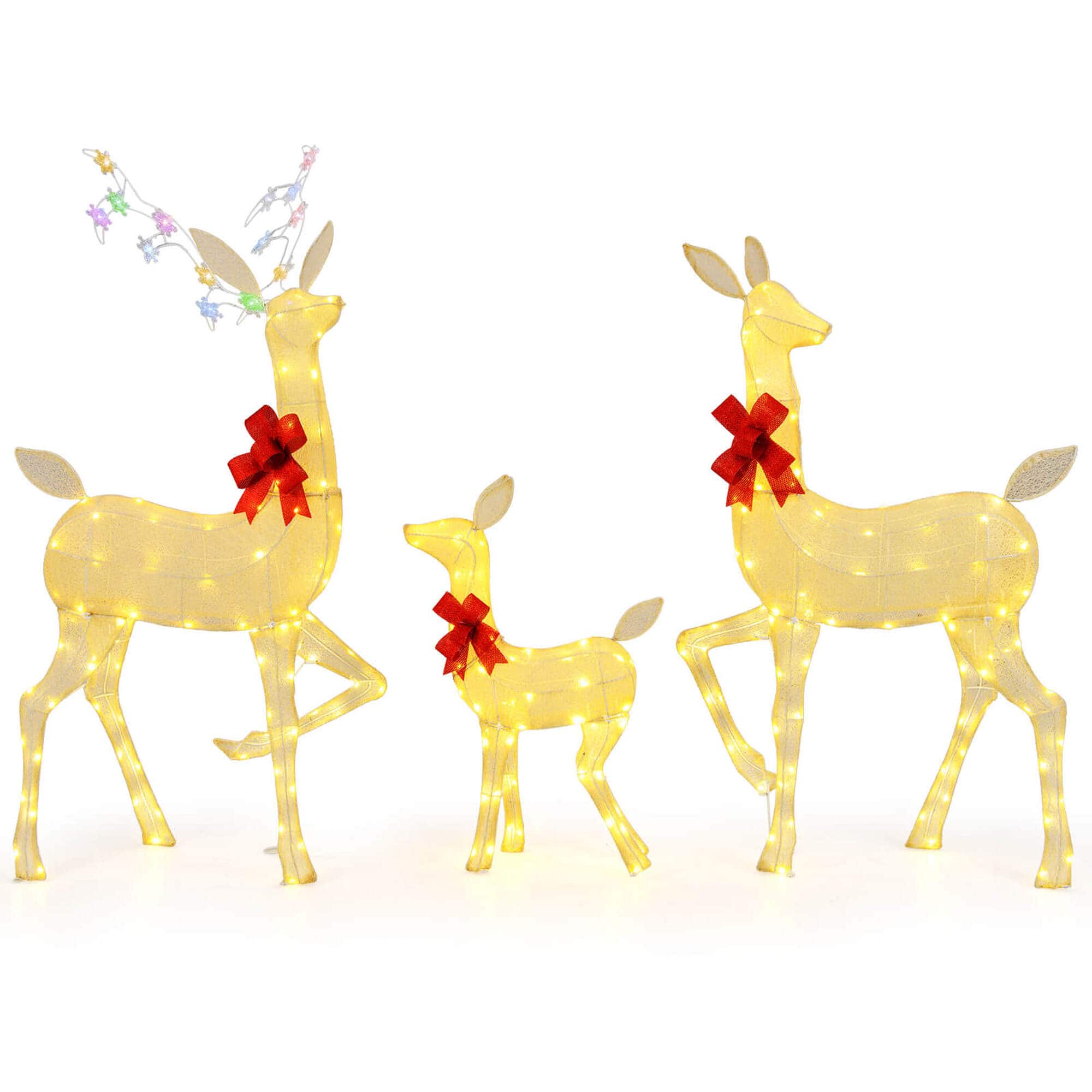 Costway - 3 PCS Lighted Family Deer Set with LED Lights RGB Flashing Lights 12 Ground Stakes - Yellow