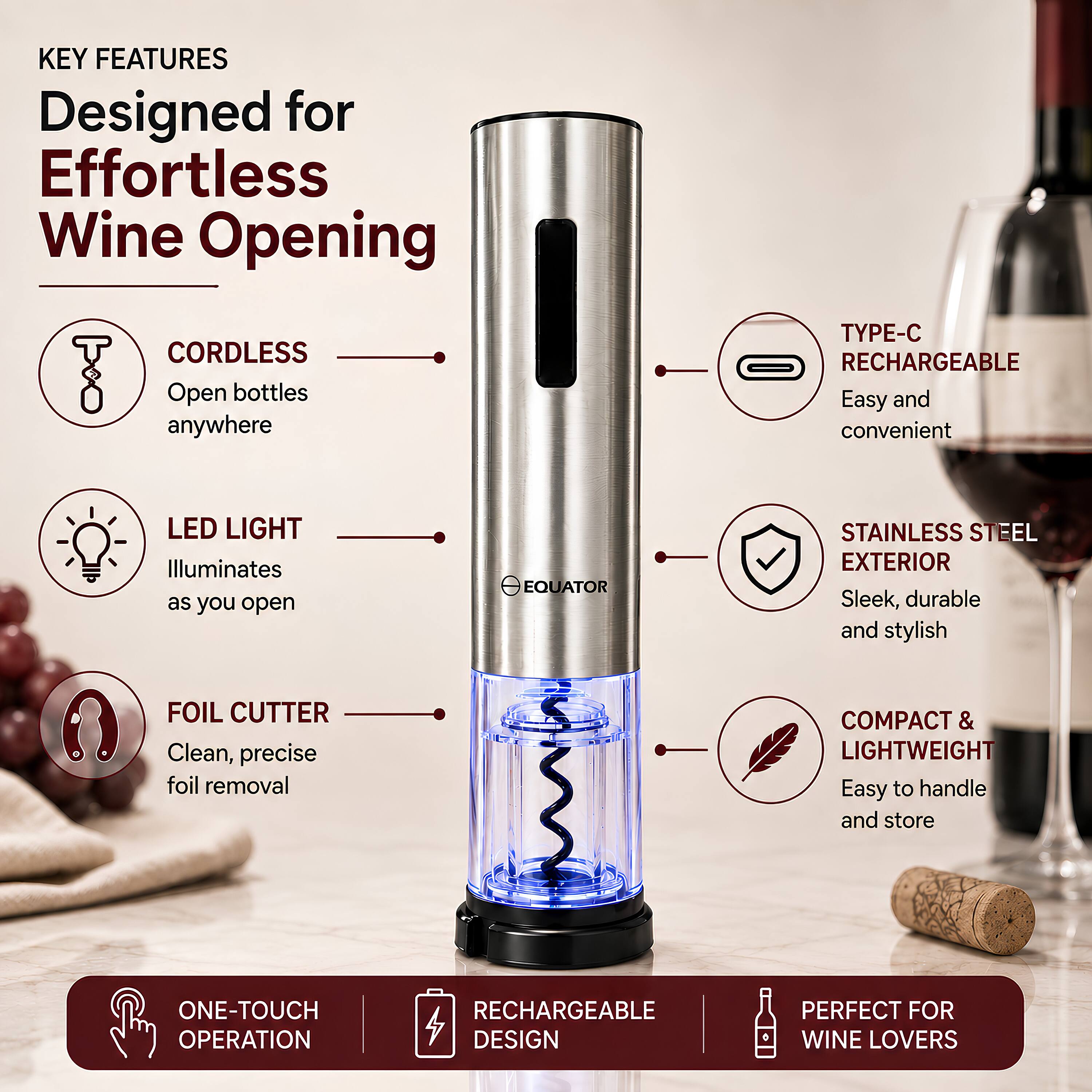 KEY FEATURES  
Designed for Effortless Wine Opening

- CORDLESS  
  Open bottles anywhere

- LED LIGHT  
  Illuminates as you open

- FOIL CUTTER  
  Clean, precise foil removal

- TYPE-C RECHARGEABLE  
  Easy and convenient

- STAINLESS STEEL EXTERIOR  
  Sleek, durable and stylish

- COMPACT & LIGHTWEIGHT  
  Easy to handle and store

- ONE-TOUCH OPERATION

- RECHARGEABLE DESIGN

- PERFECT FOR WINE LOVERS