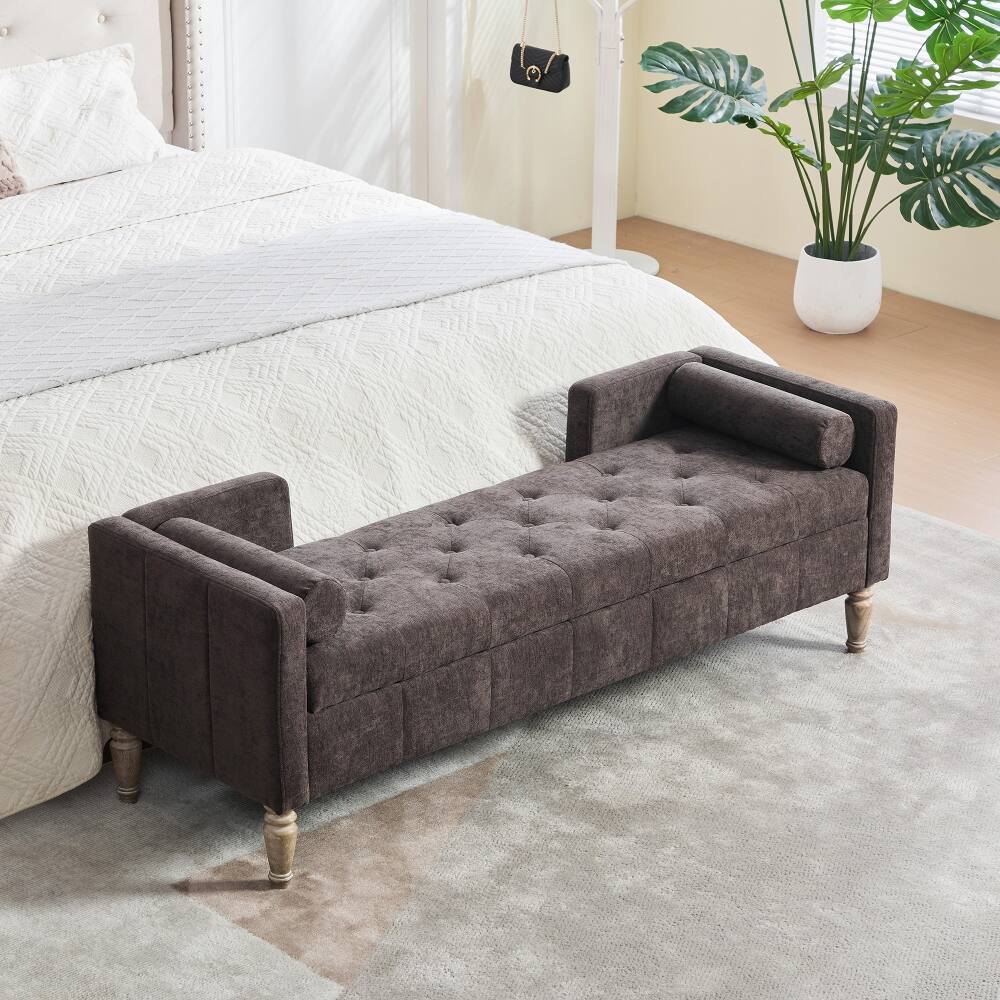 Angle. Ropilly - Ropilly 64.6 inch Tufted Chenille Storage Bench, Flip-Top End of Bed Bench with Armrests and Backrest, Coffee - Coffee.