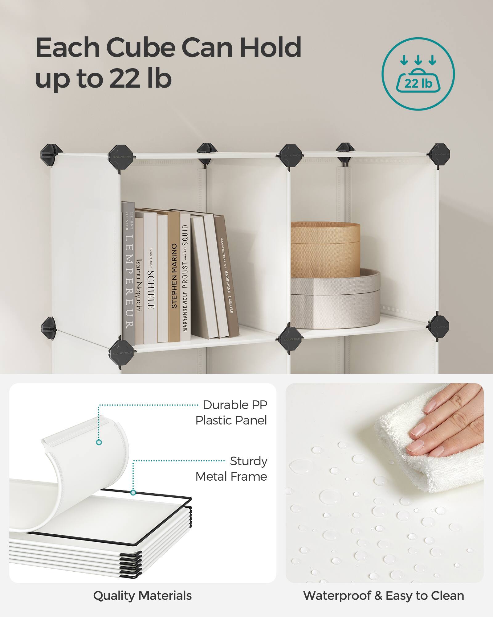 Each Cube Can Hold up to 22 lb

22 lb

ALIVIER CLUN
Isamu LEMPEREUR
Noguchi
I SCHIELE
MARINO
STEPHEN -SQUID
t. a.
PROUST
MARYANNEWOLF
ILLUSTRATIONS
I
LEMAIRE

Durable PP Plastic Panel
Sturdy Metal Frame
Quality Materials
Waterproof & Easy to Clean