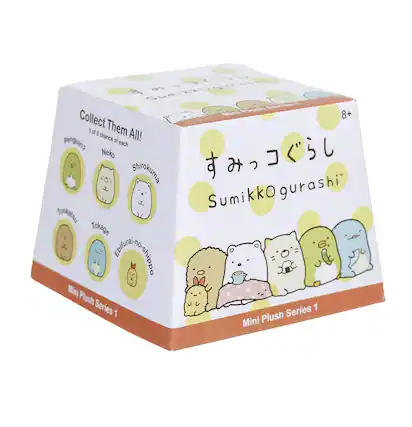Sure, here is the corrected and grouped text from the image:
---
**Sumikkogurashi**
**Mini Plush Series 1**
**Collect Them All!**
1 of 8 chance of each
- Penguin
- Neko
- Shirokuma
- Tokage
- Ebiturai-noshippo
**Mini Plush Series 1**
**8+**
---
This text is organized to reflect the information on the packaging.