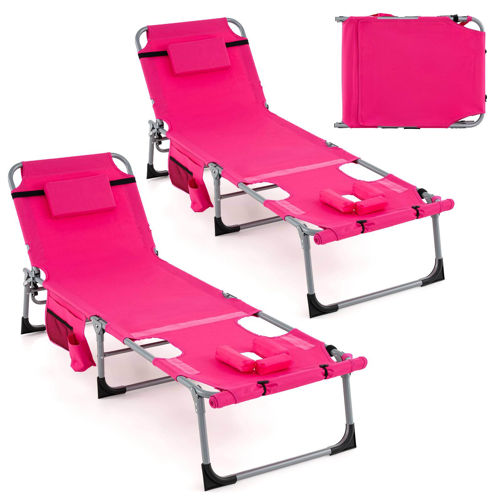 Alt View 9. Gymax - Gymax Outdoor Folding Chaise 5-Position Lounge Chair w/ Face Hole & Adjustable Footrest Pink - Pink.