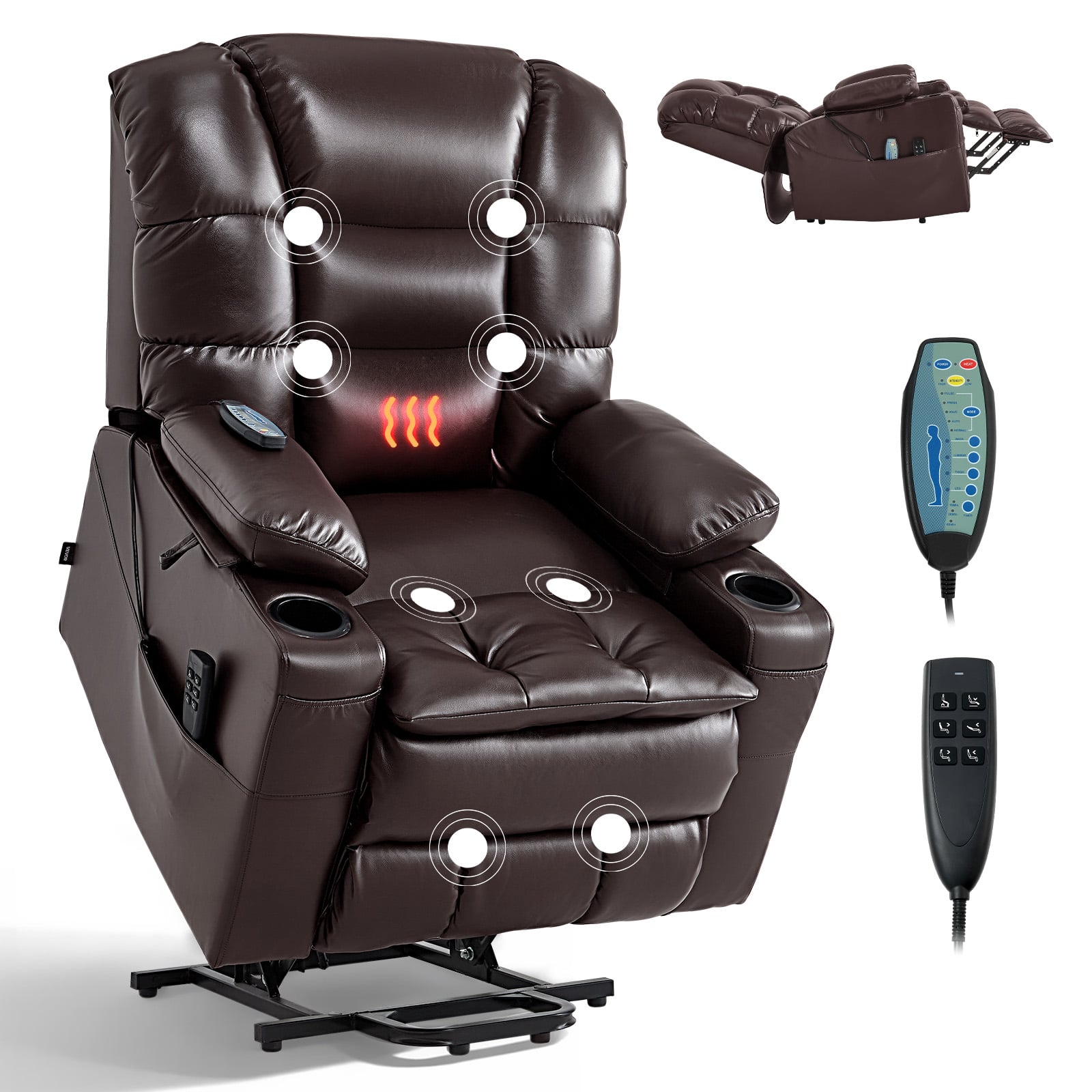 VEVOR - Power Lift Recliner Chair, Triple-Motor, Large Electric Lift Chair with Heat and Massage for Elderly - Brown