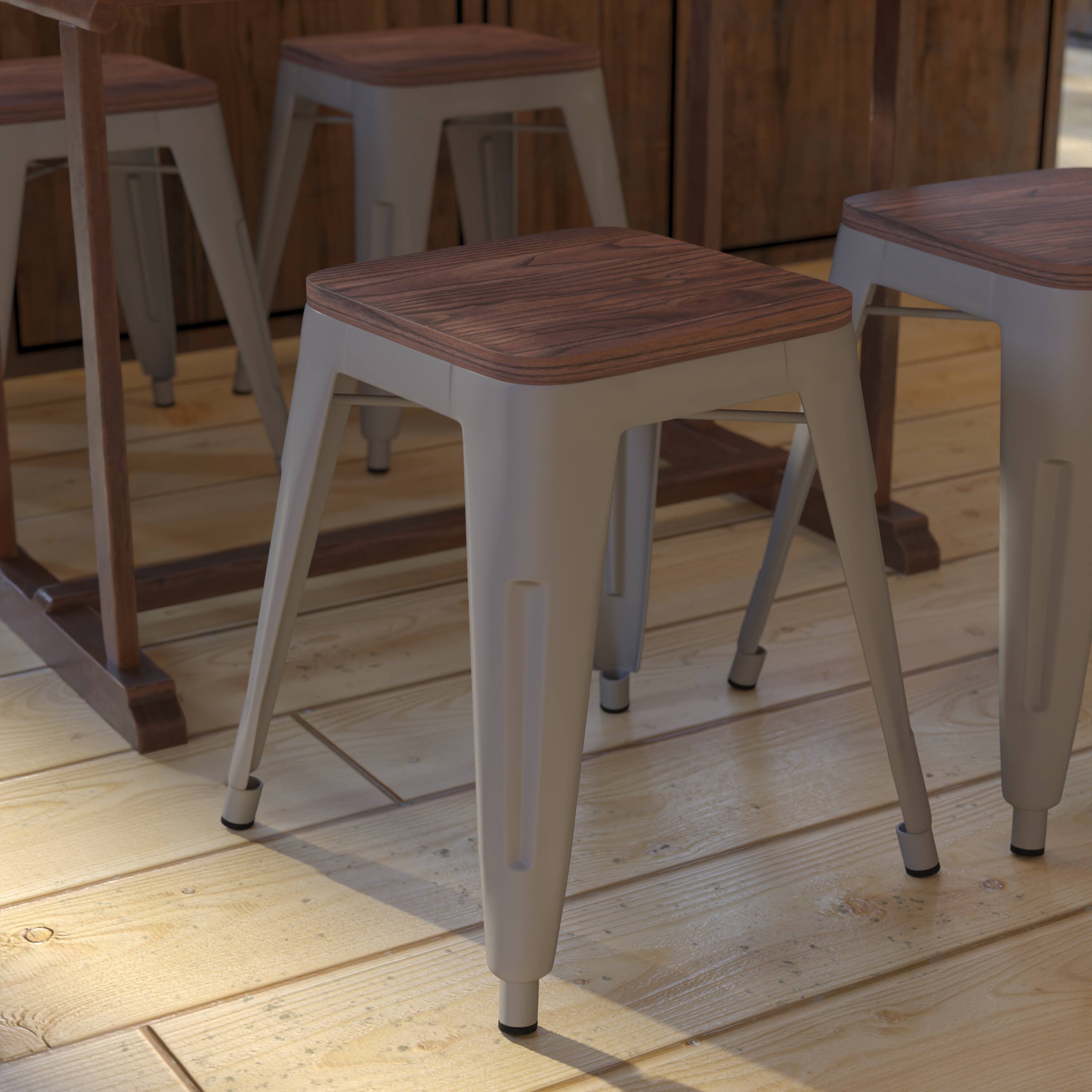 Alt View 4. Emma + Oliver - Set of Four Table Height Backless Stacking Welded Iron Stools with Wooden Seats and Under Seat Bracing for Indoor Use - Silver.