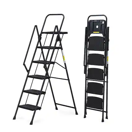 Front. Chateau Abodes - Folding Ladder with Handrails, Tool Tray & Wide Anti-Slip Steps, Portable 800 lb Capacity for Home & Office - 5 Step.