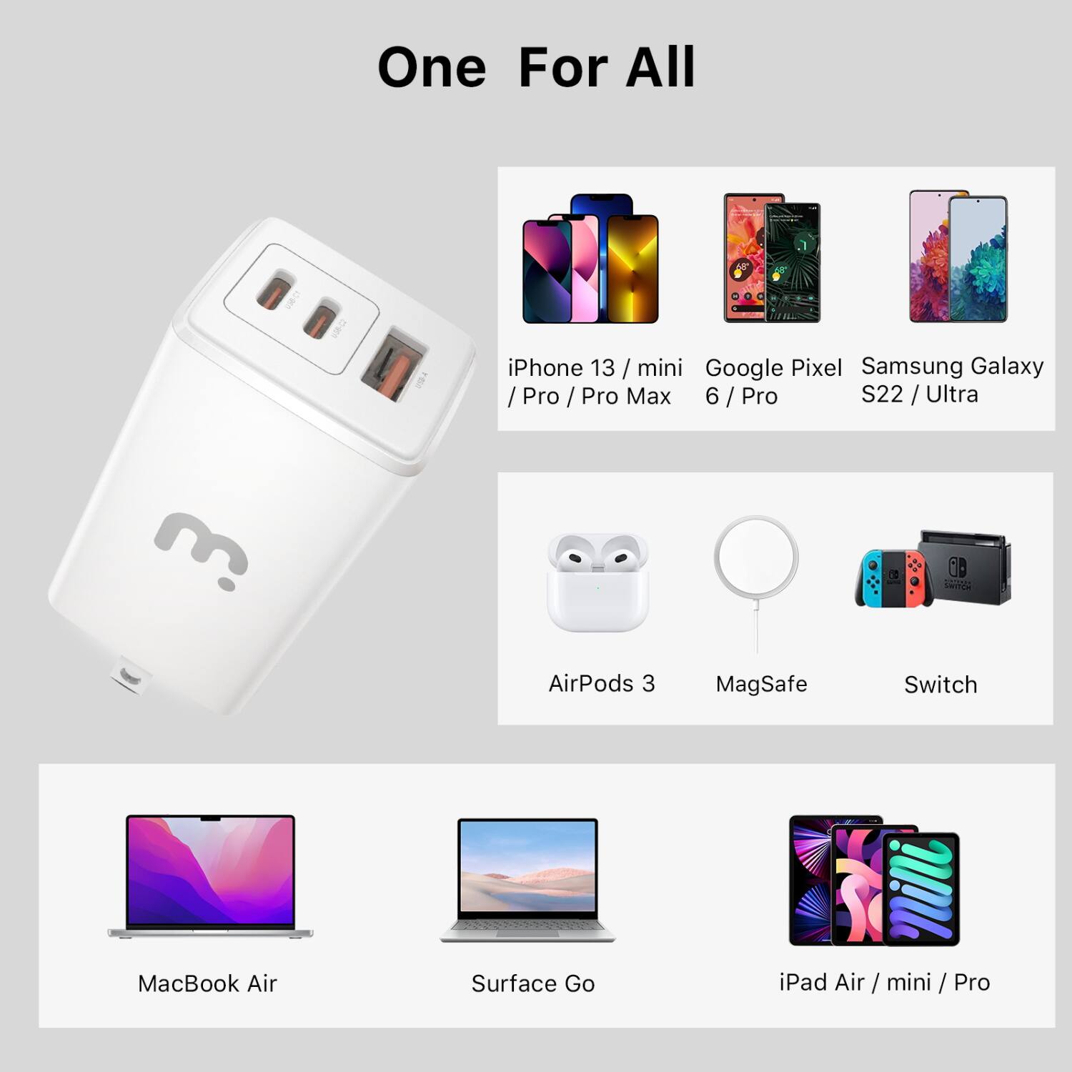 One For All

- iPhone 13 / mini
- Google Pixel 6 / Pro
- Samsung Galaxy S22 / Ultra
- AirPods 3
- MagSafe
- Switch
- MacBook Air
- Surface Go
- iPad Air / mini / Pro