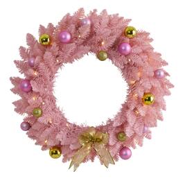 BreeBe - 24” Christmas Wreath with 35 LED Lights and Ornaments - Pink